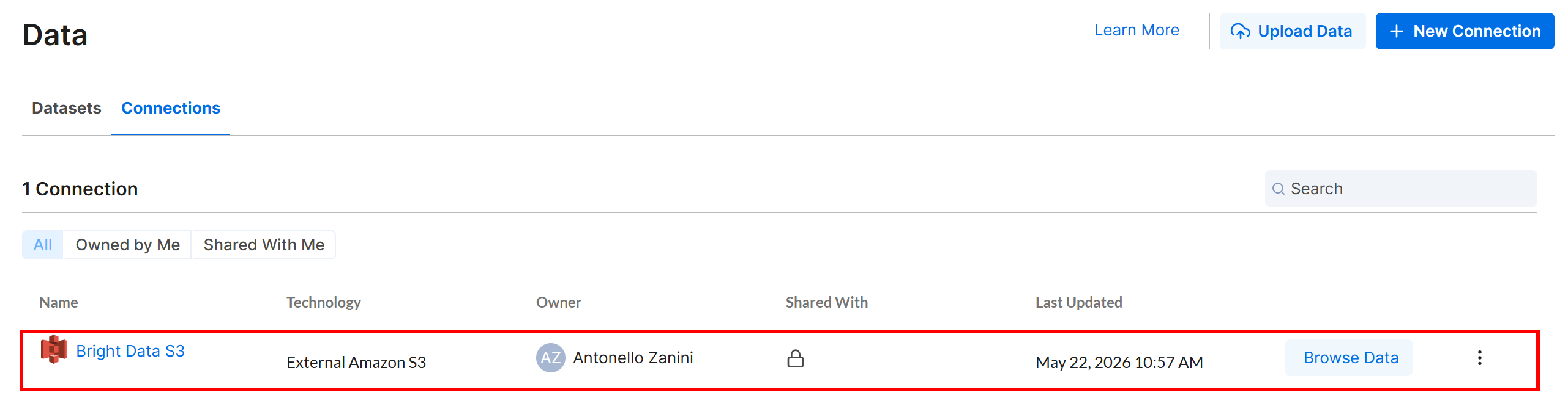 Note the “Bright Data S3” connection