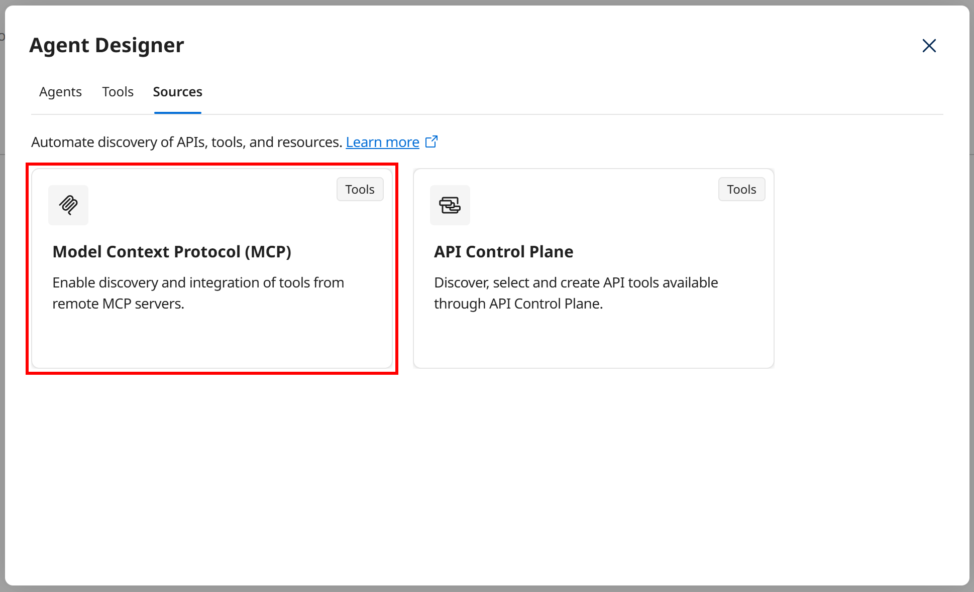 Selecting the “Model Context Protocol (MCP)” option