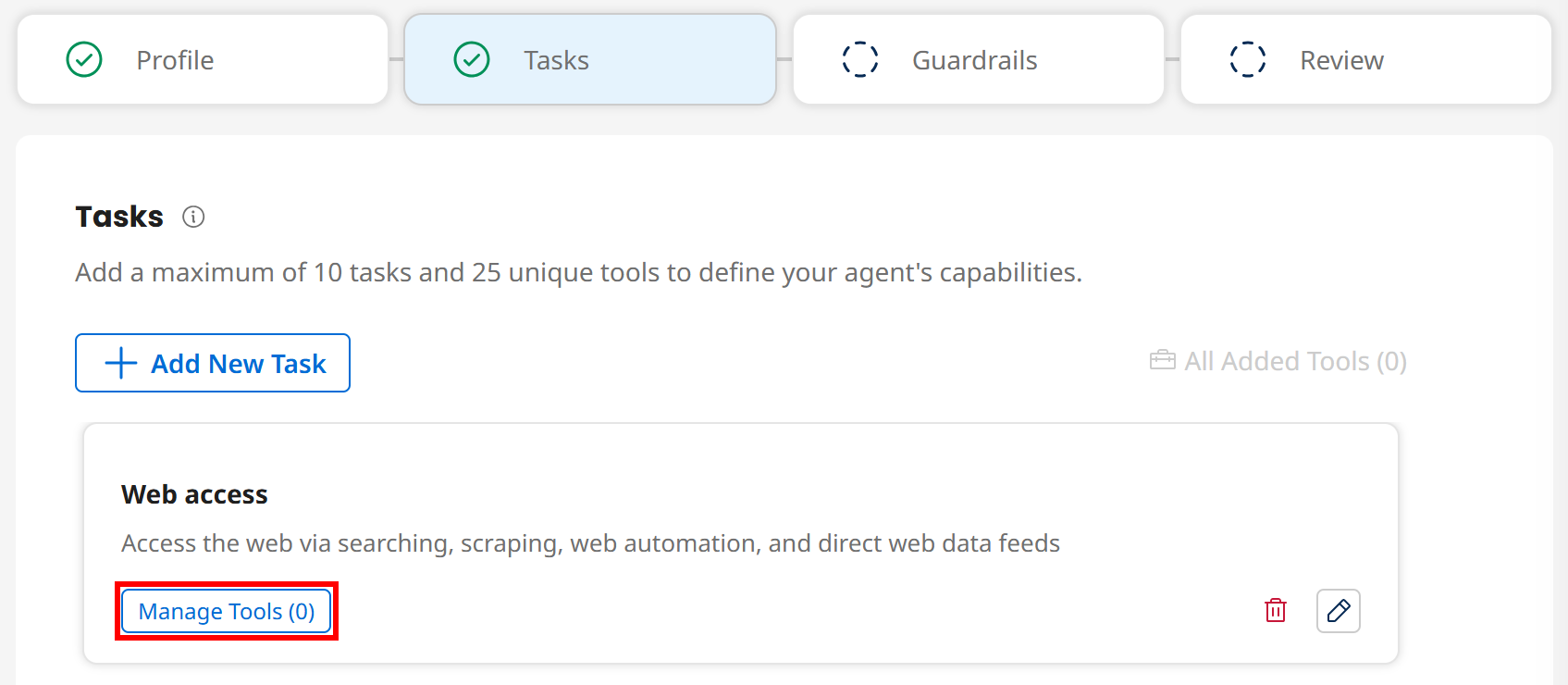 Pressing the “Manage Tools (0)” button