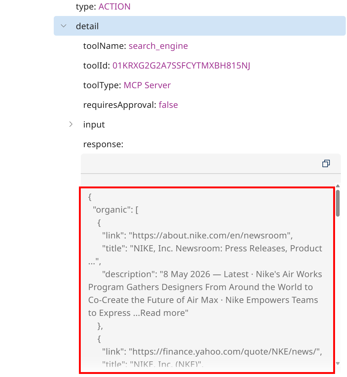Note the SERP returned by the tool in JSON format