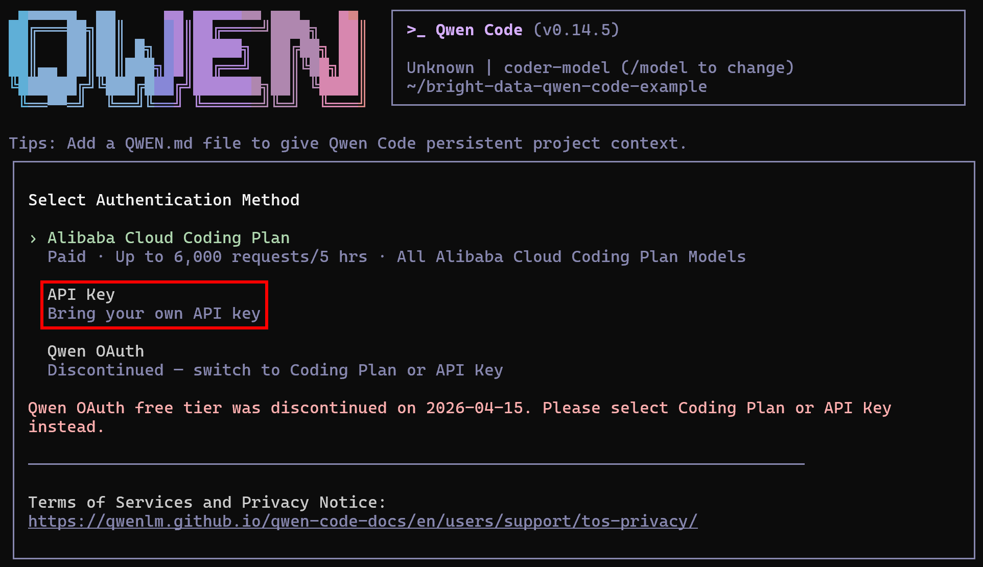 Selecting the authentication option