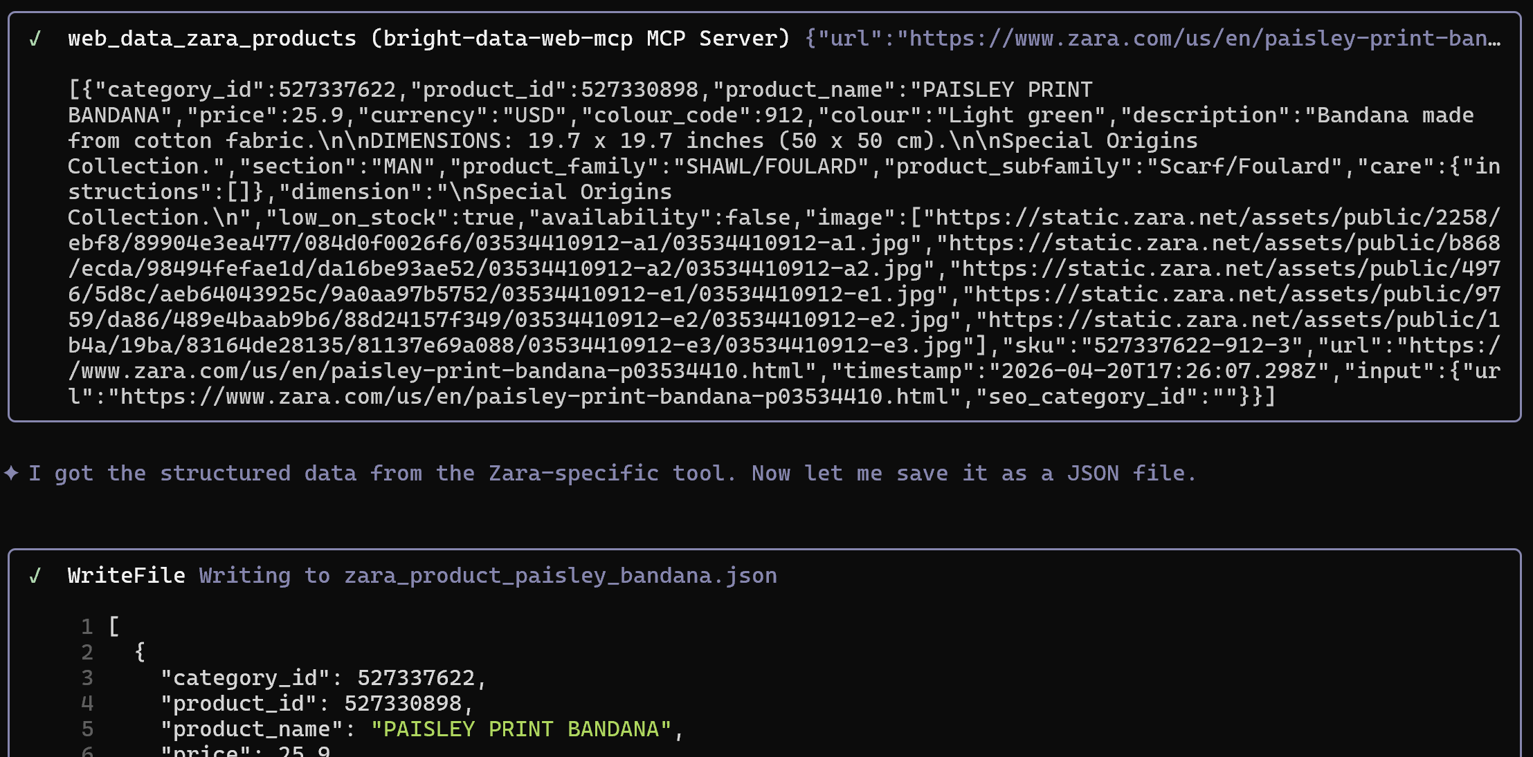 Note the usage of the “web_data_zara_products” tool