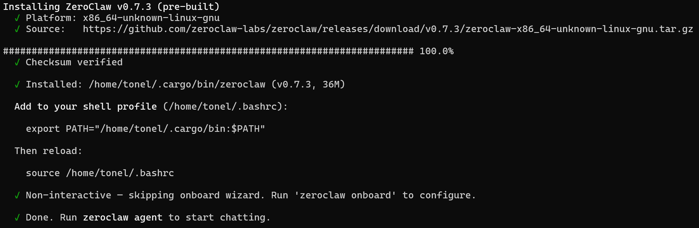 El script de instalación de ZeroClaw