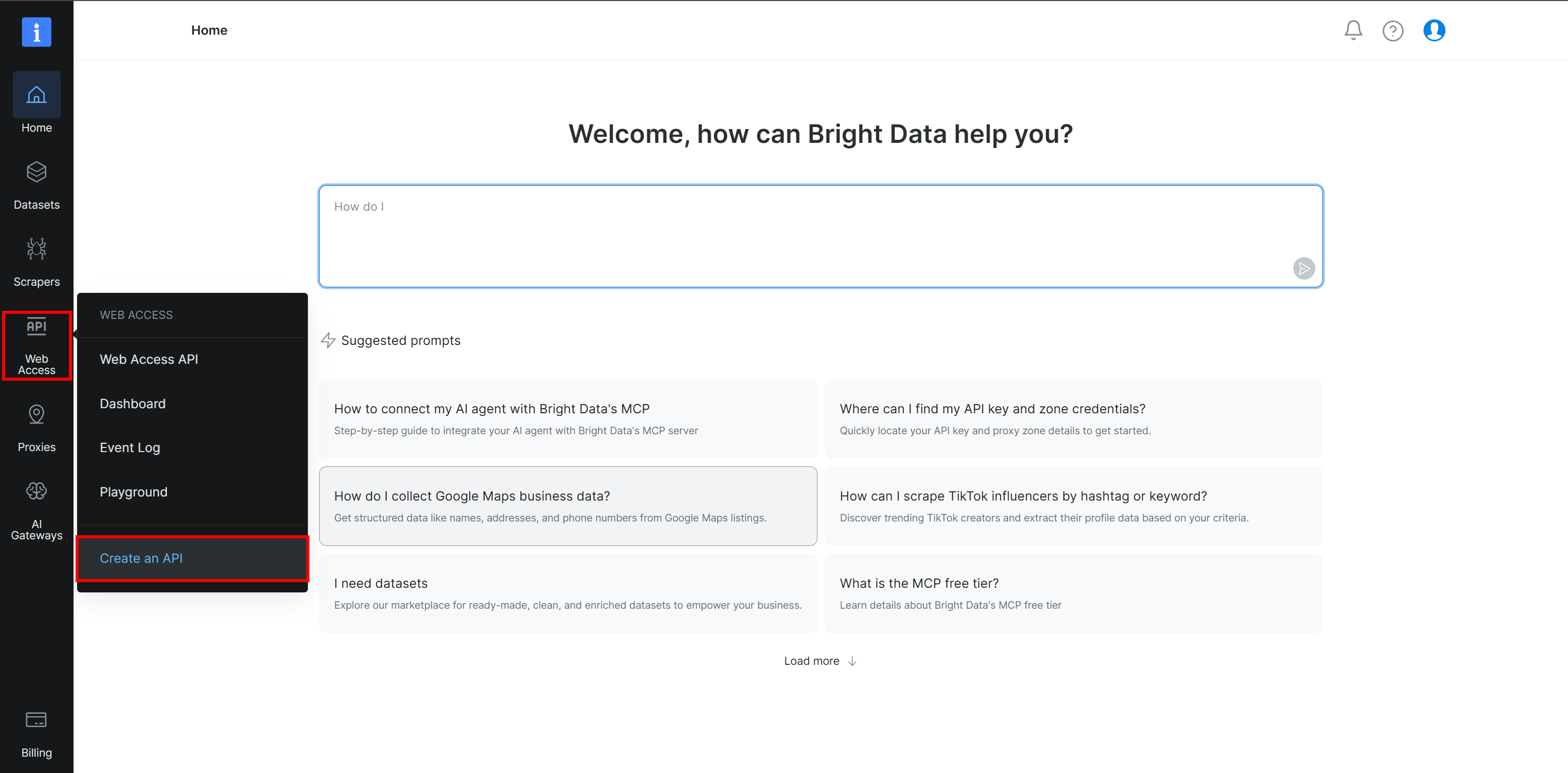 Selecting the “Web Access > Create an API” option