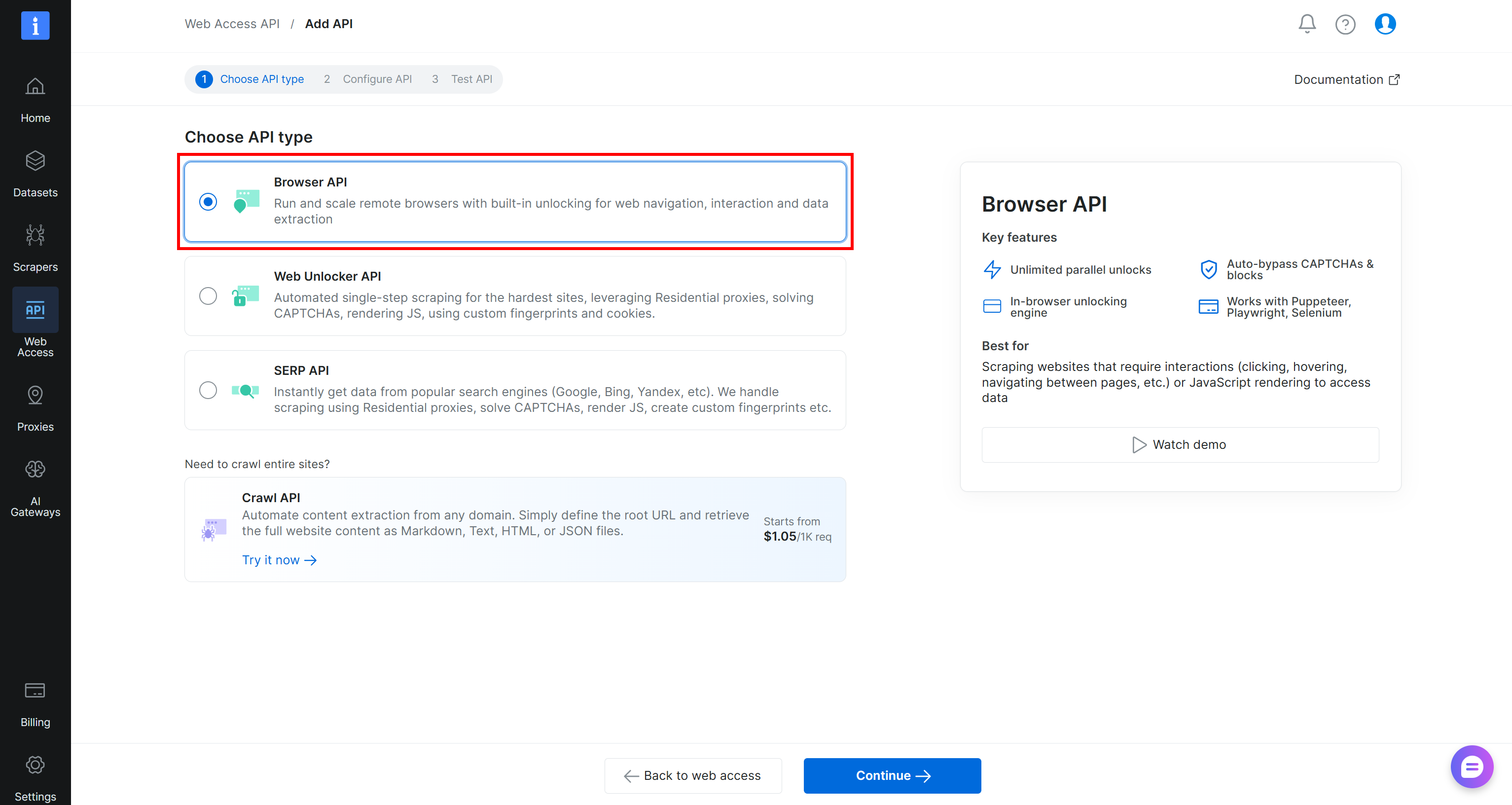 Selecting the “Browser API” type