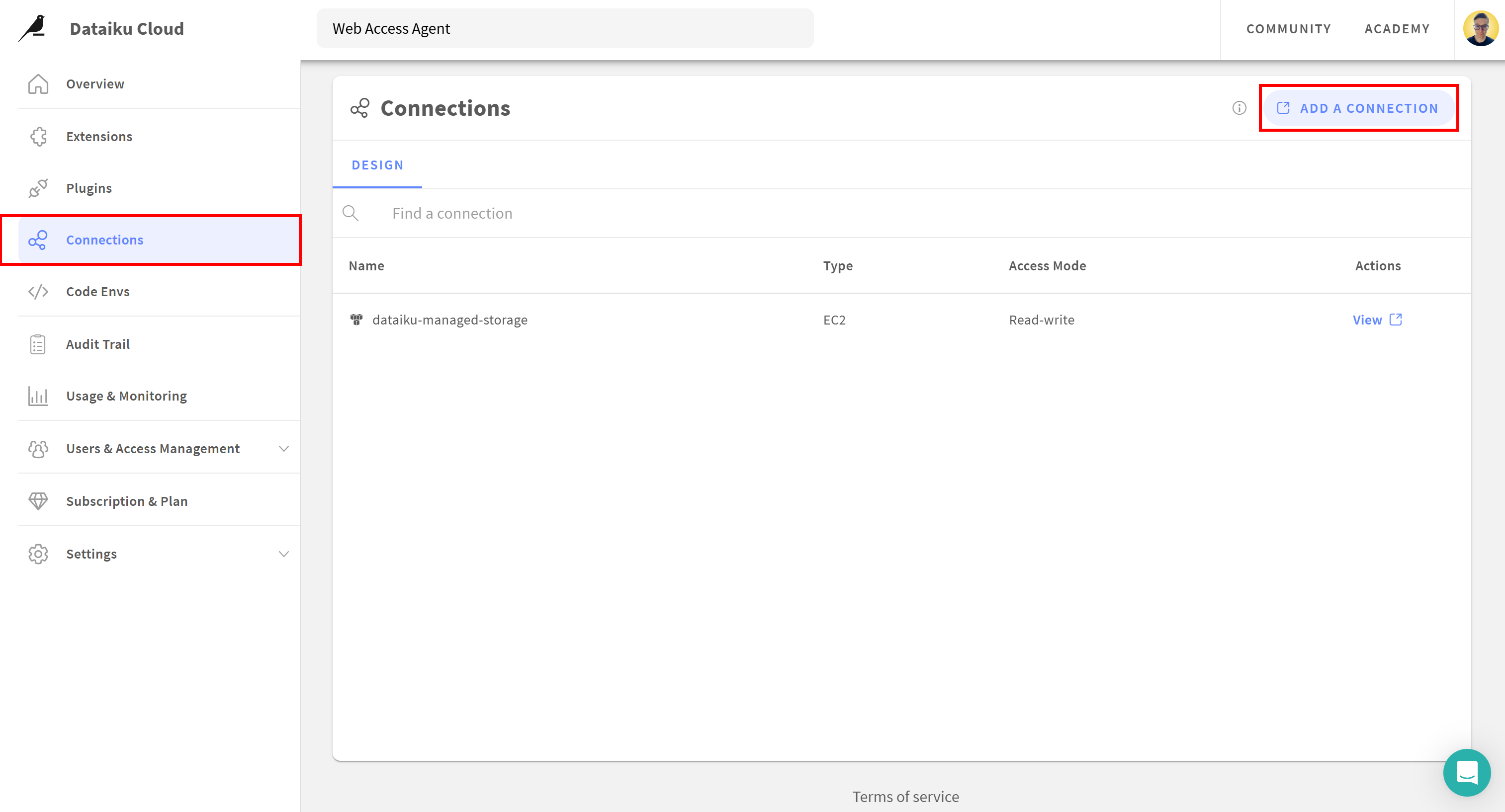Clicking the “ADD A CONNECTION” button on the “Connections” page