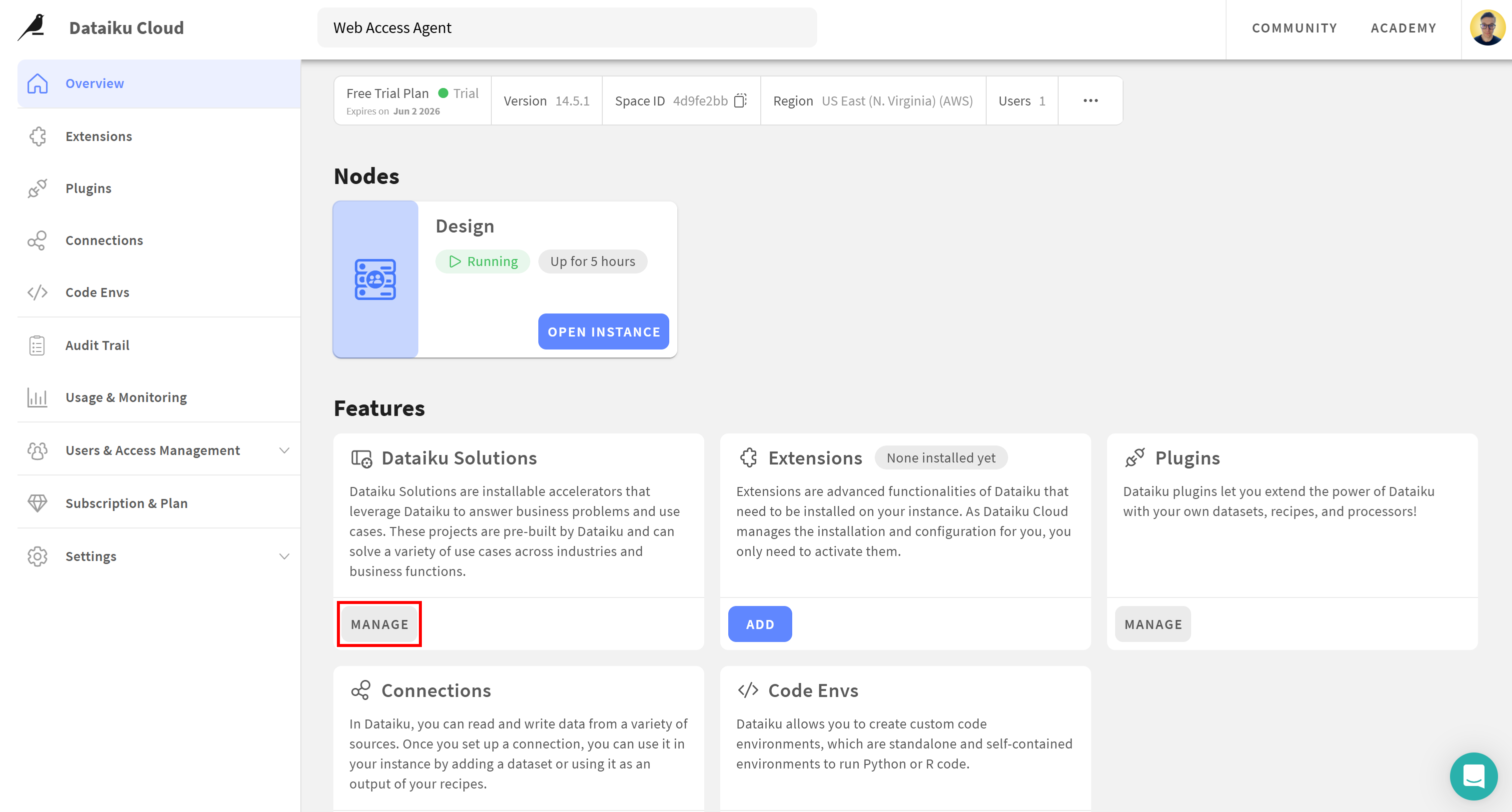 Pressing the “MANAGE” button on the “Dataiku Solutions” card