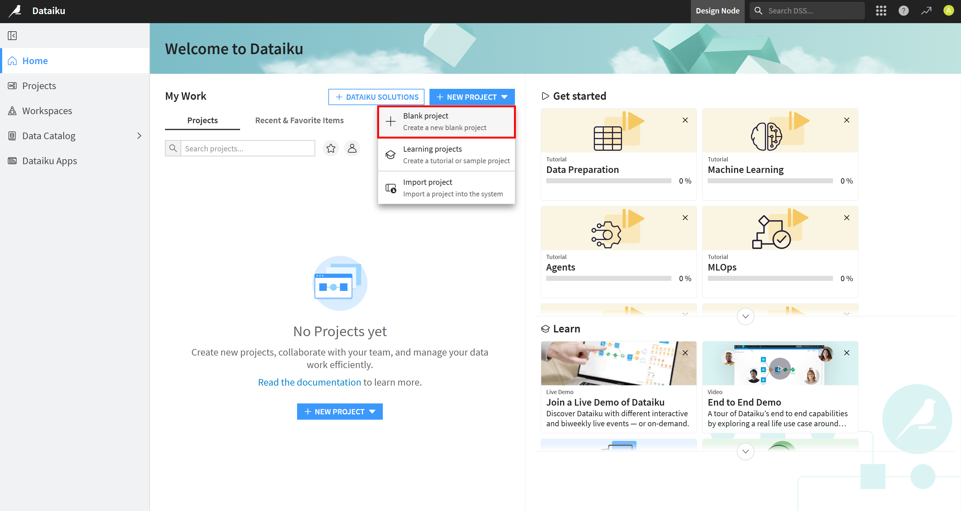 Selecting the “Blank project” option