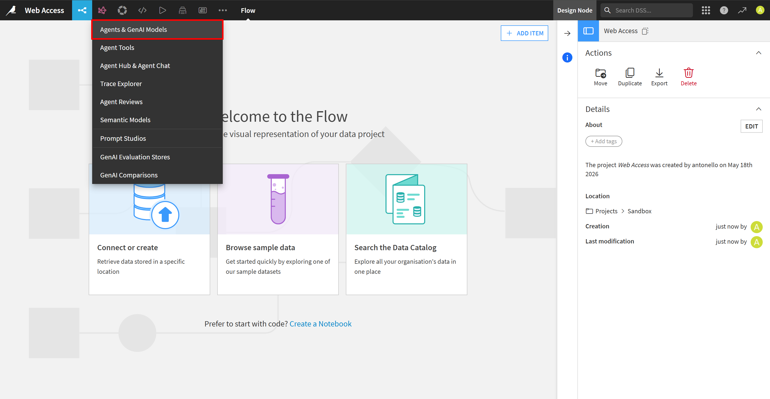 Selecting the “Agents & GenAI Models” option