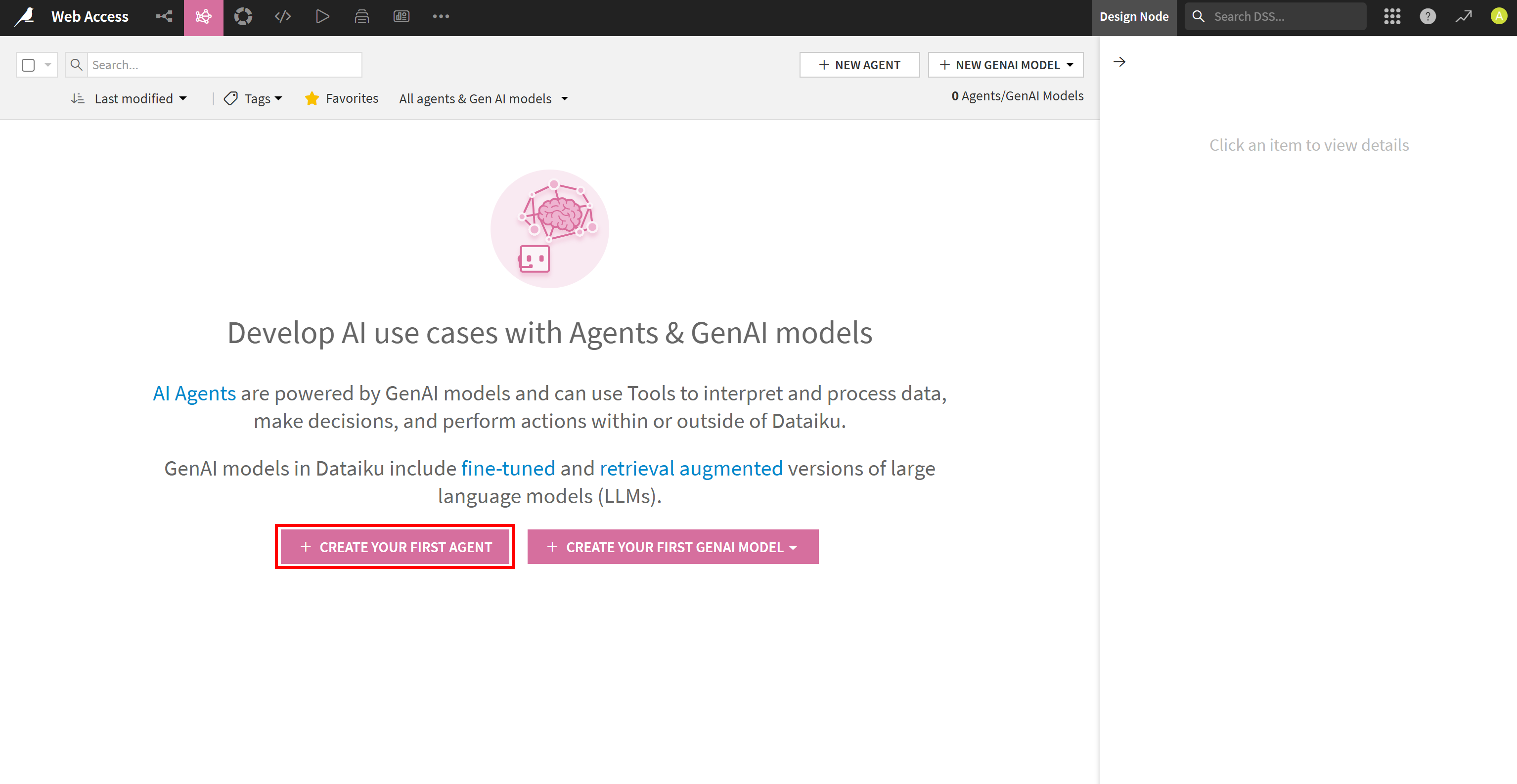 Pressing the “CREATE YOUR FIRST AGENT” button