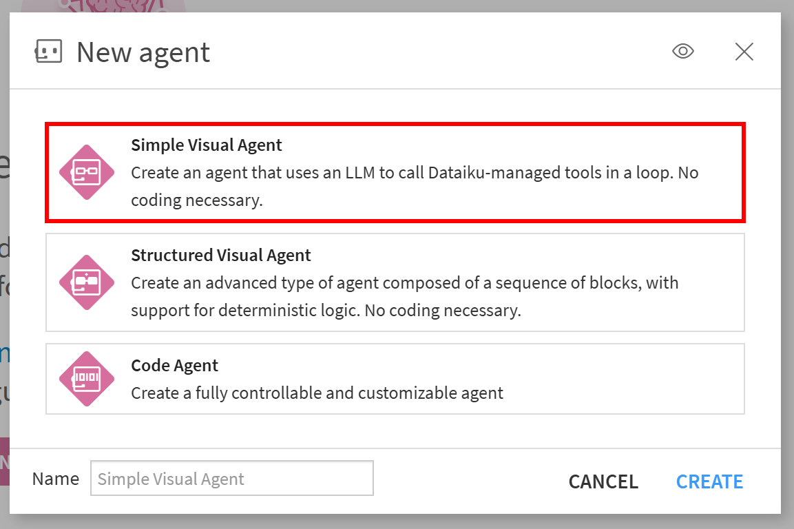 Creating a new Dataiku agent via the “Simple Visual Agent” option