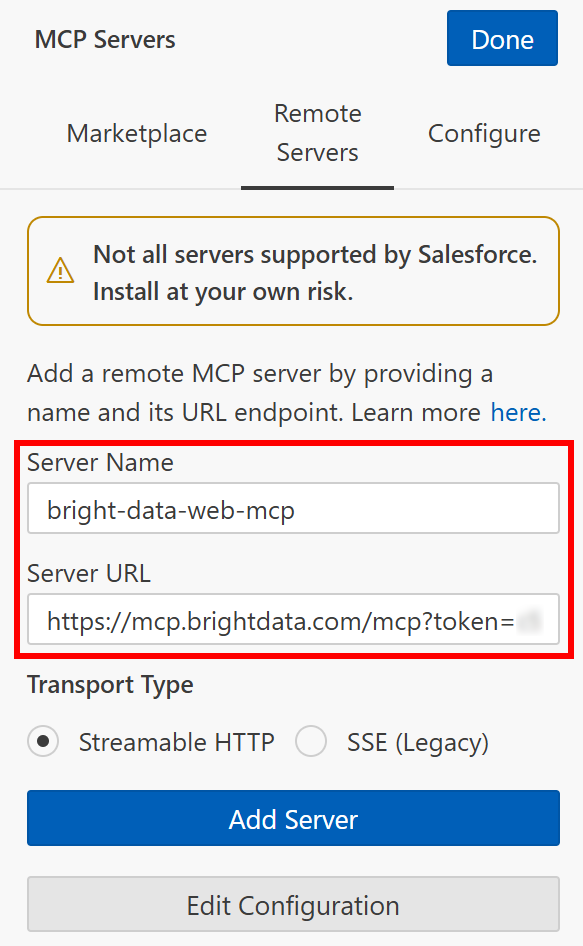Configuring a remote connection to the Bright Data Web MCP server