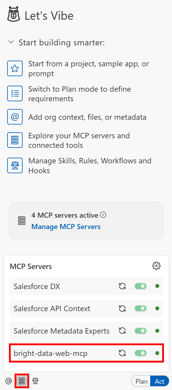 Note the “bright-data-web-mcp” entry with a connected status