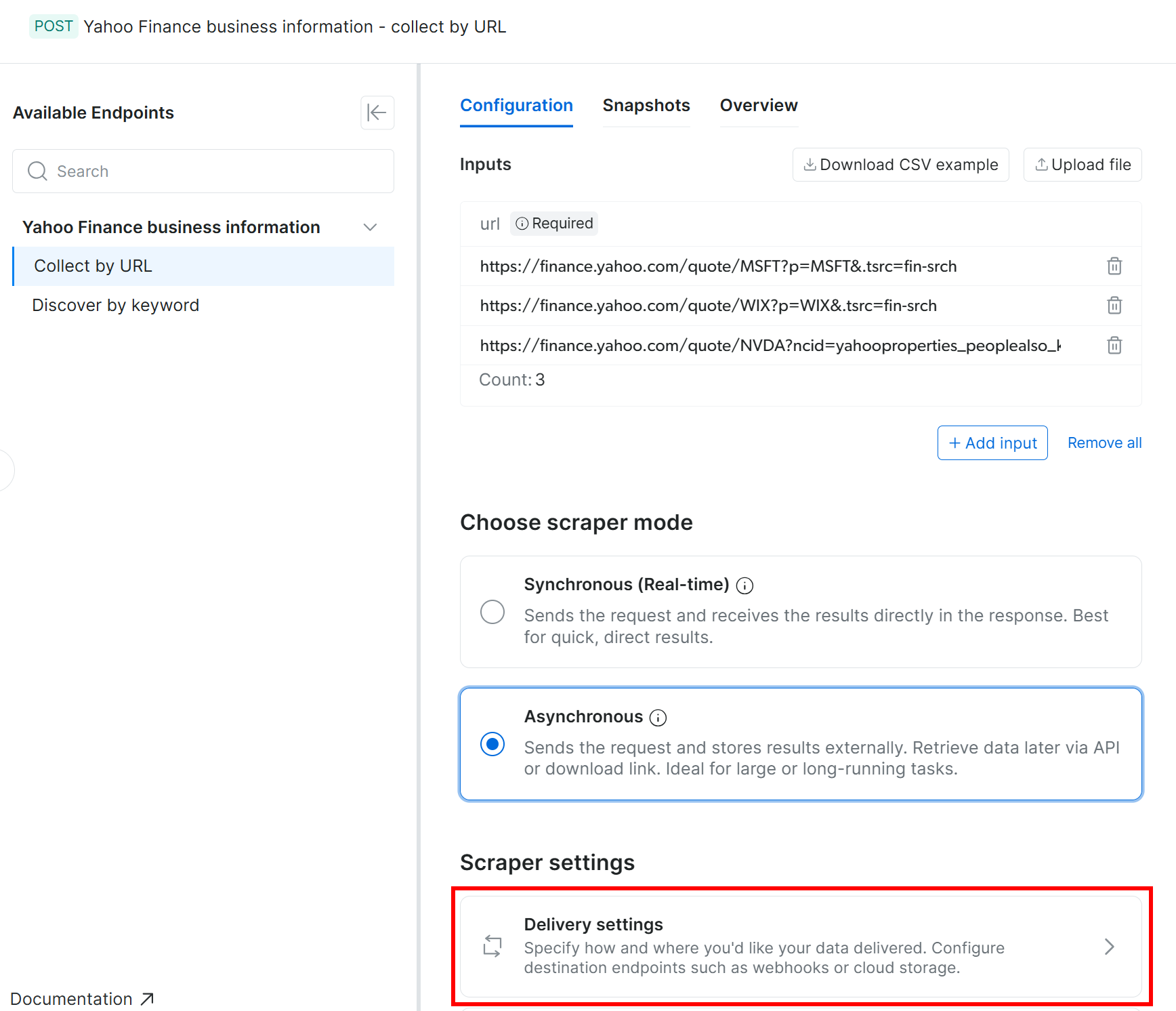 Clicking the “Delivery settings” button