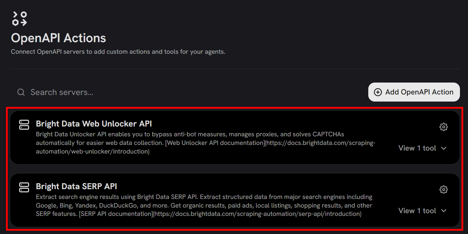 Note the Two Bright Data OpenAPI tools