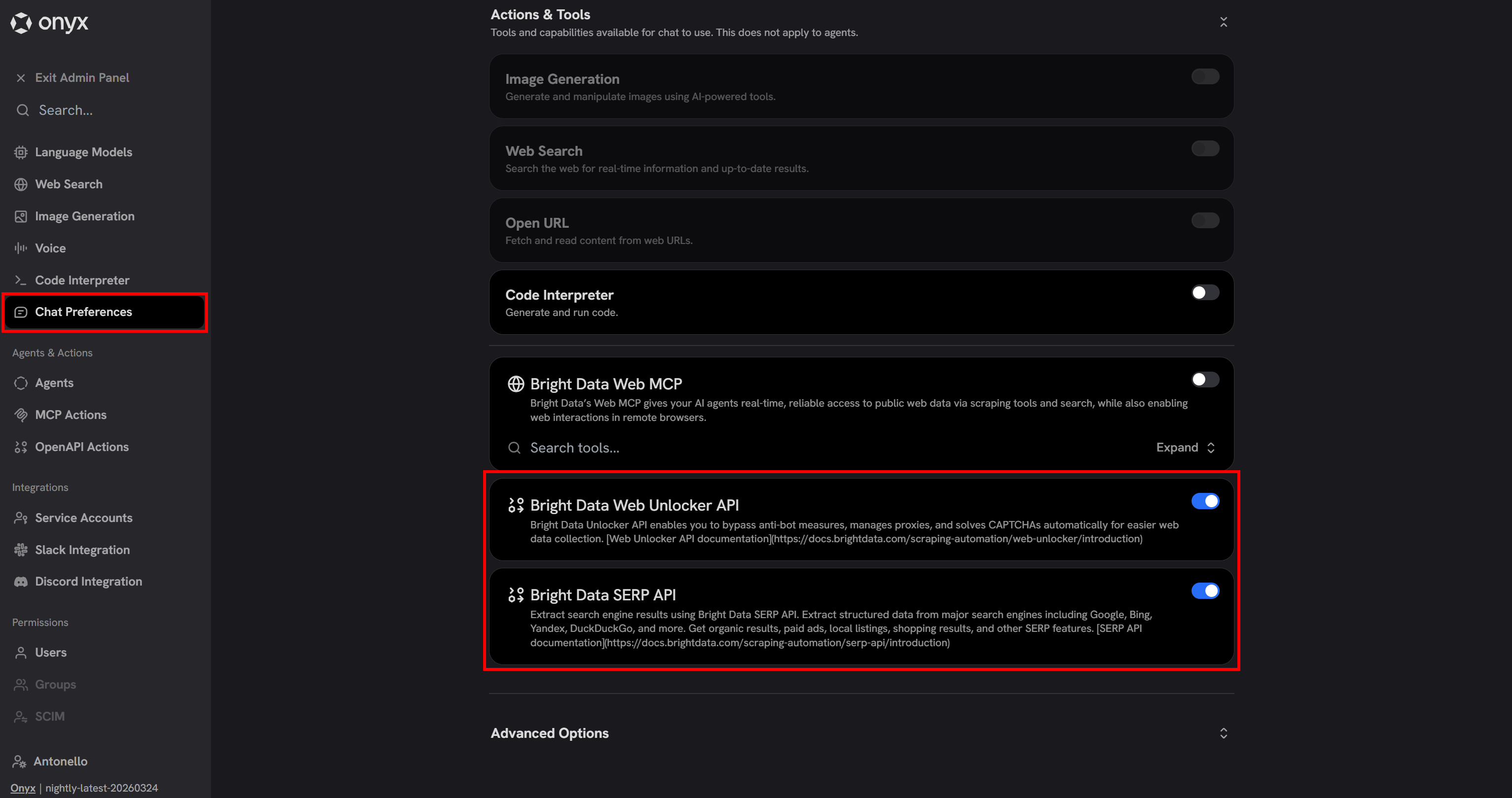 Note the enabled Bright Data OpenAPI tools