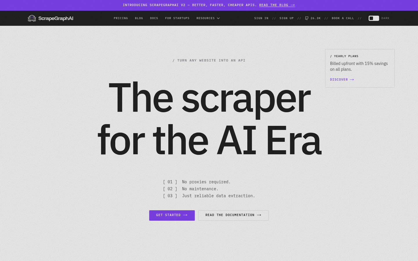 Screenshot of the ScrapeGraphAI homepage showing its AI-native web scraping API and open-source library.