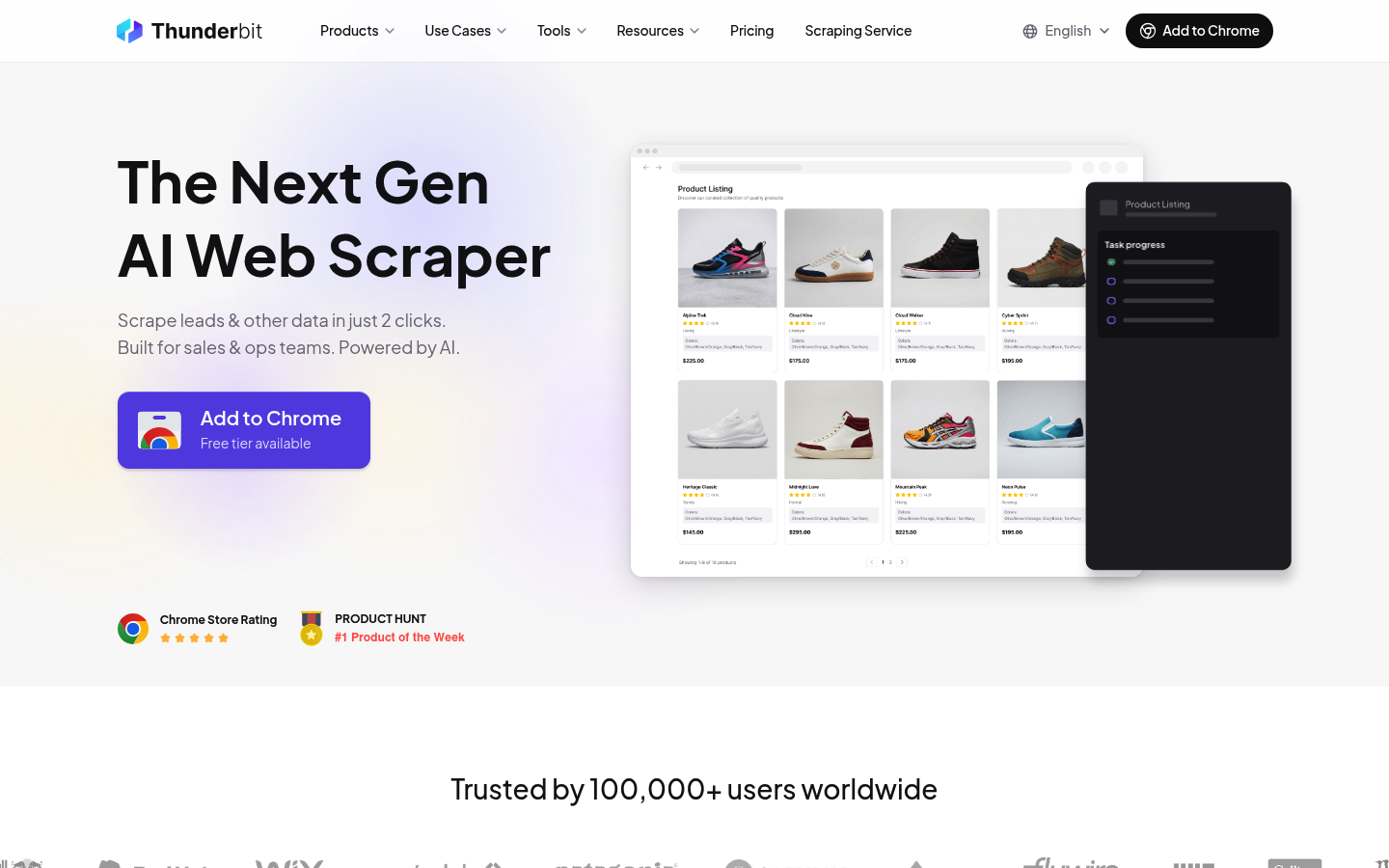 Screenshot of the Thunderbit AI web scraping Chrome extension homepage showing its 1-click scraping interface and features.