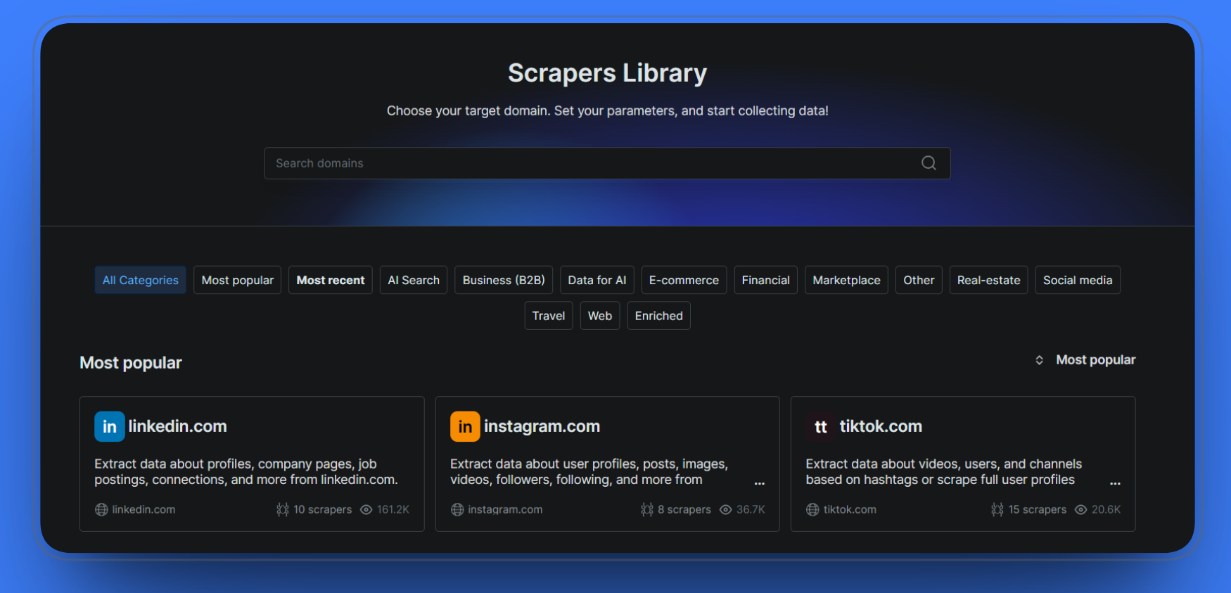 Scrapers Library dashboard