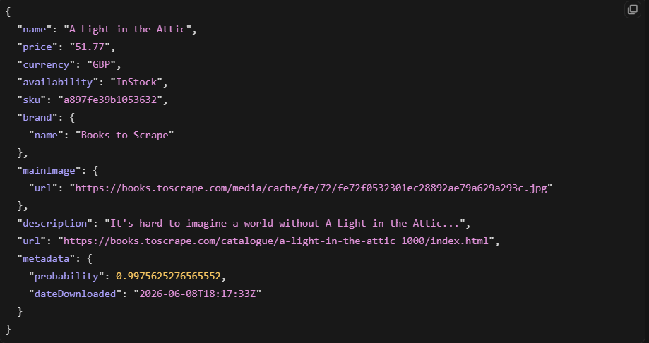 Zyte AI extraction structured product output