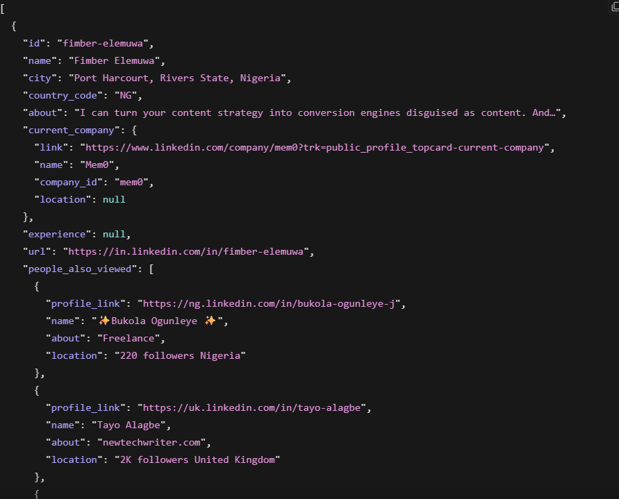 json response for a linkedin search