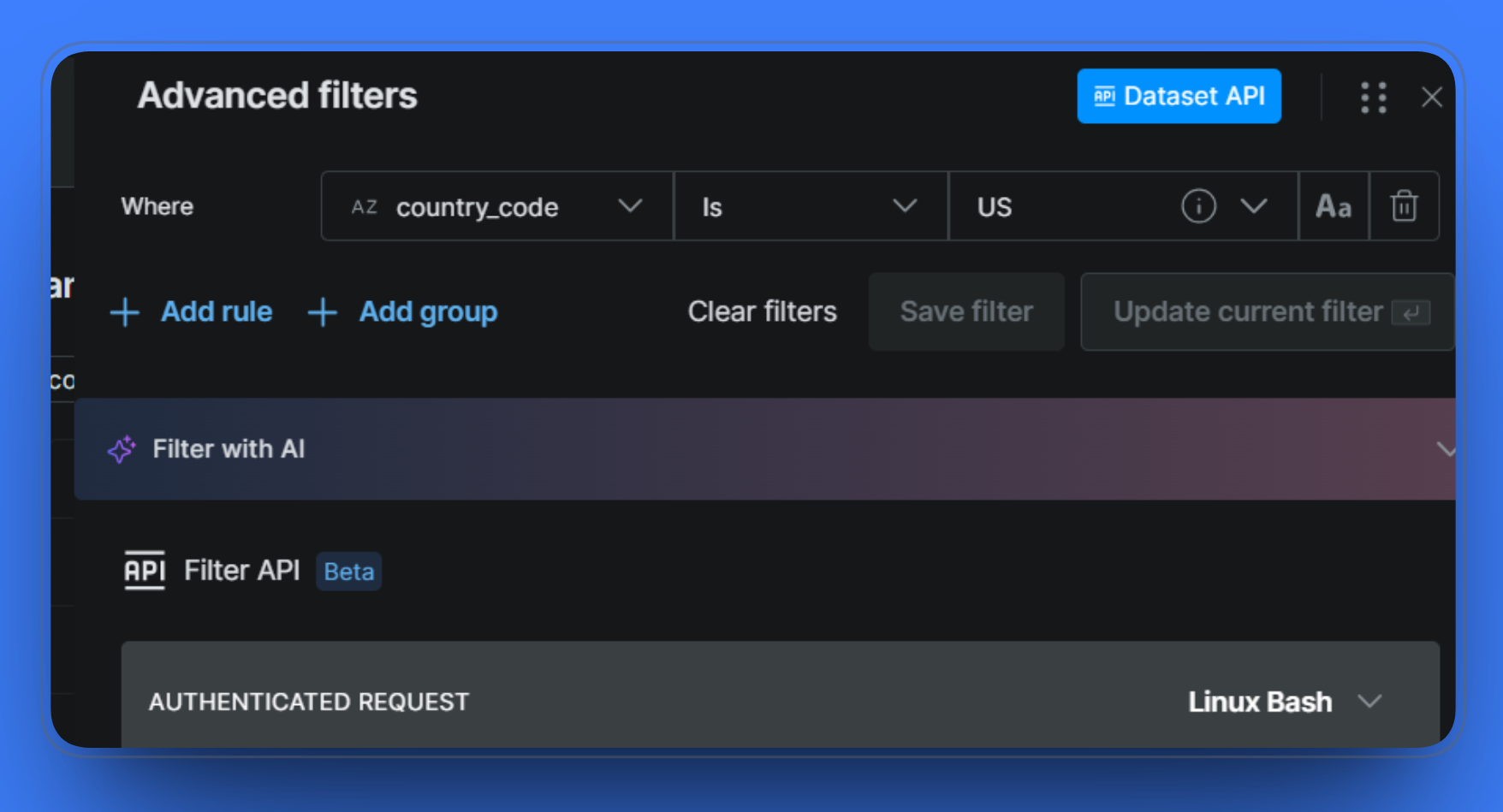 Advanced filters settings
