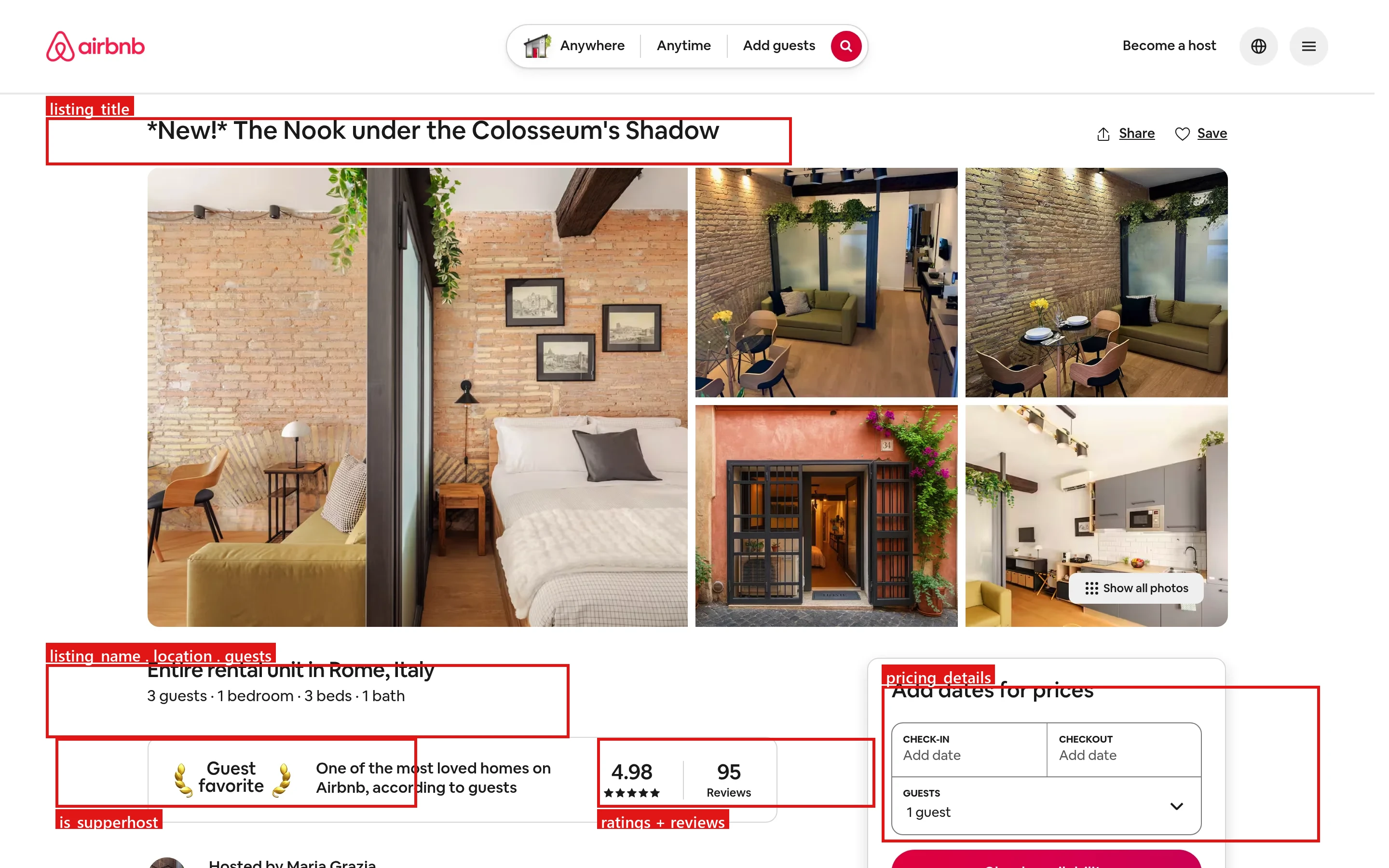 Anatomy of an Airbnb listing: page elements mapped to the fields you extract
