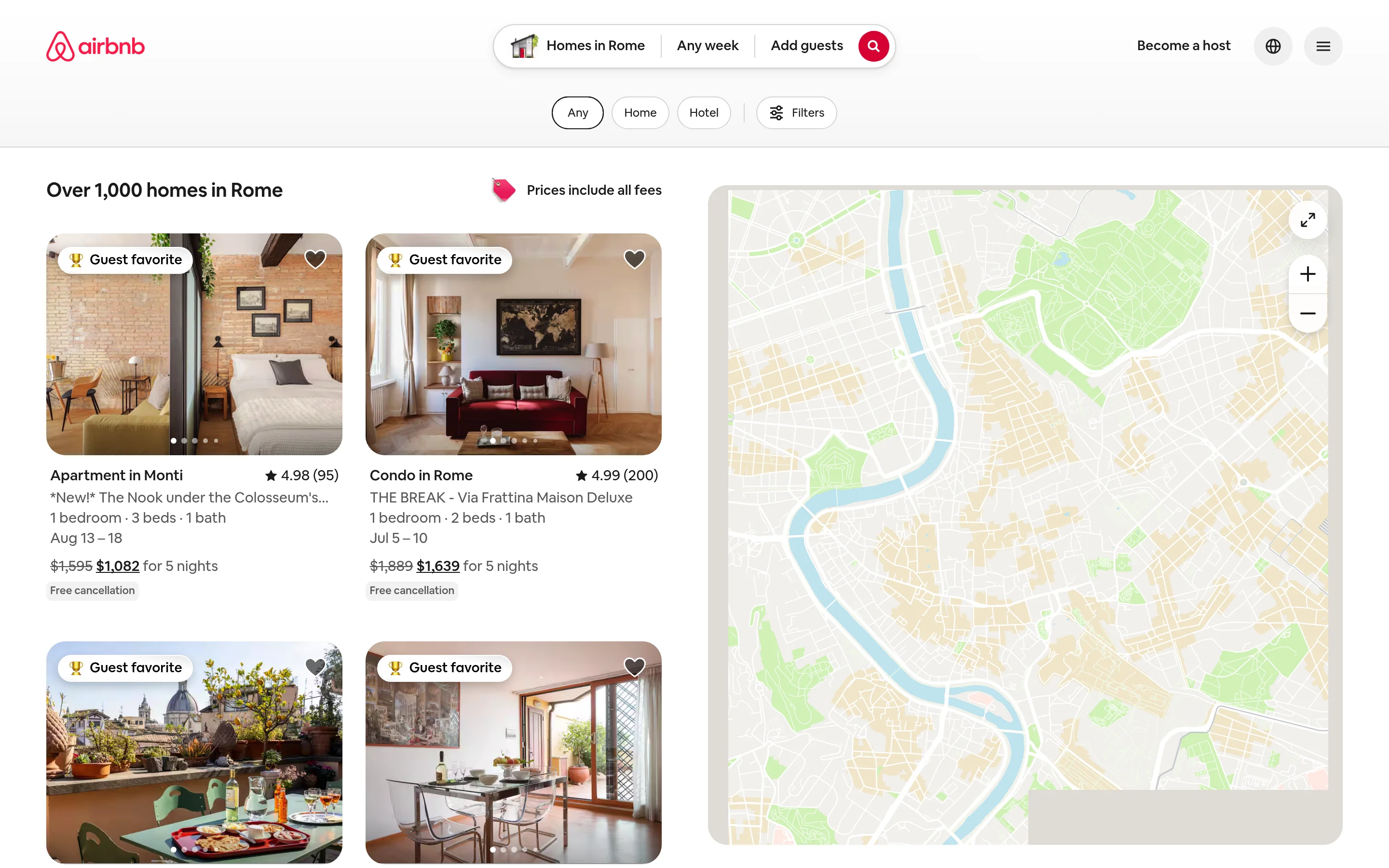 Airbnb search results as a browser sees them