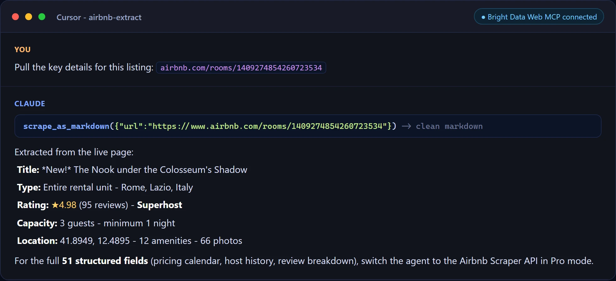 AI agent extracting Airbnb listing details via the Web MCP