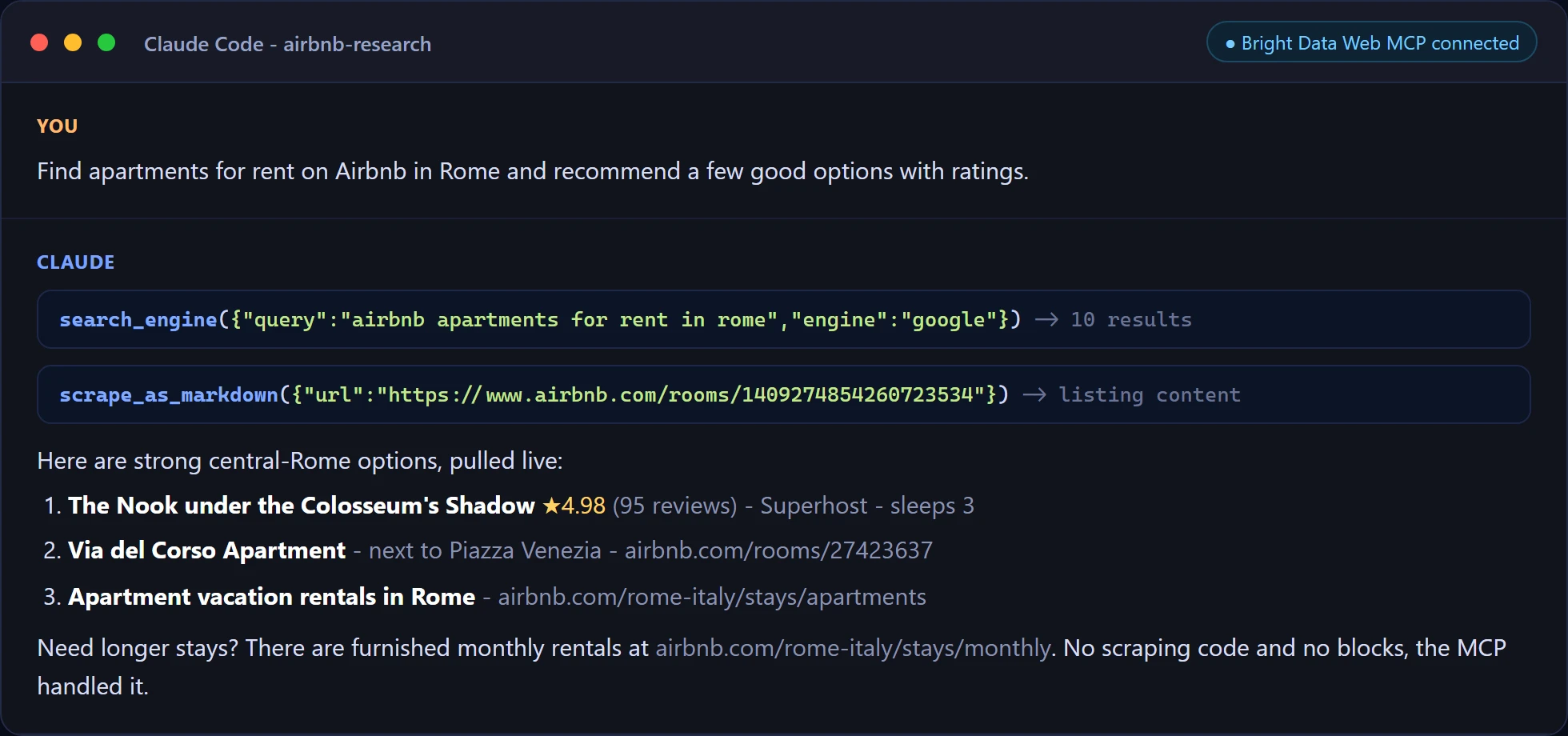 AI agent using the Web MCP to research Airbnb listings
