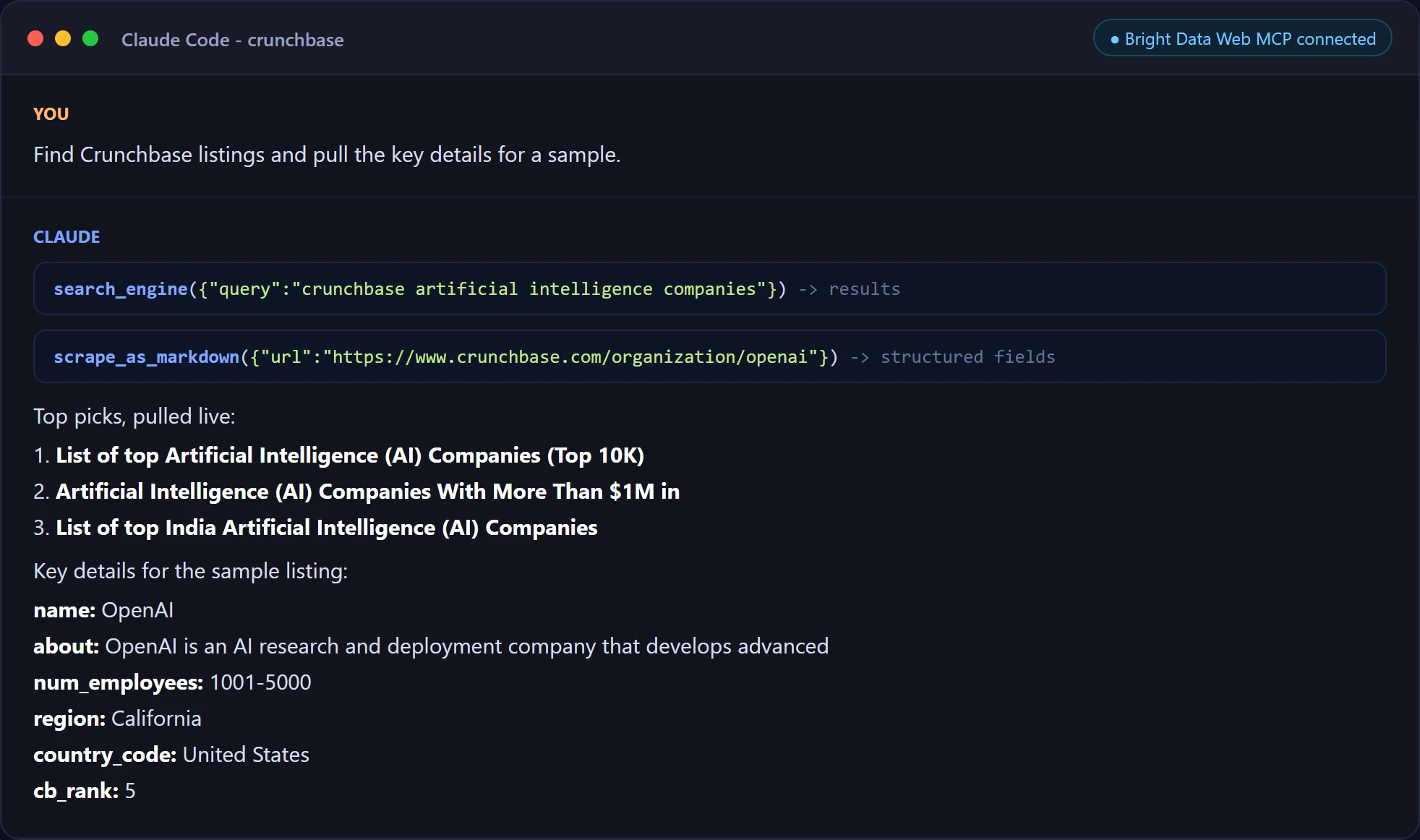 AI agent using the Web MCP to pull Crunchbase data