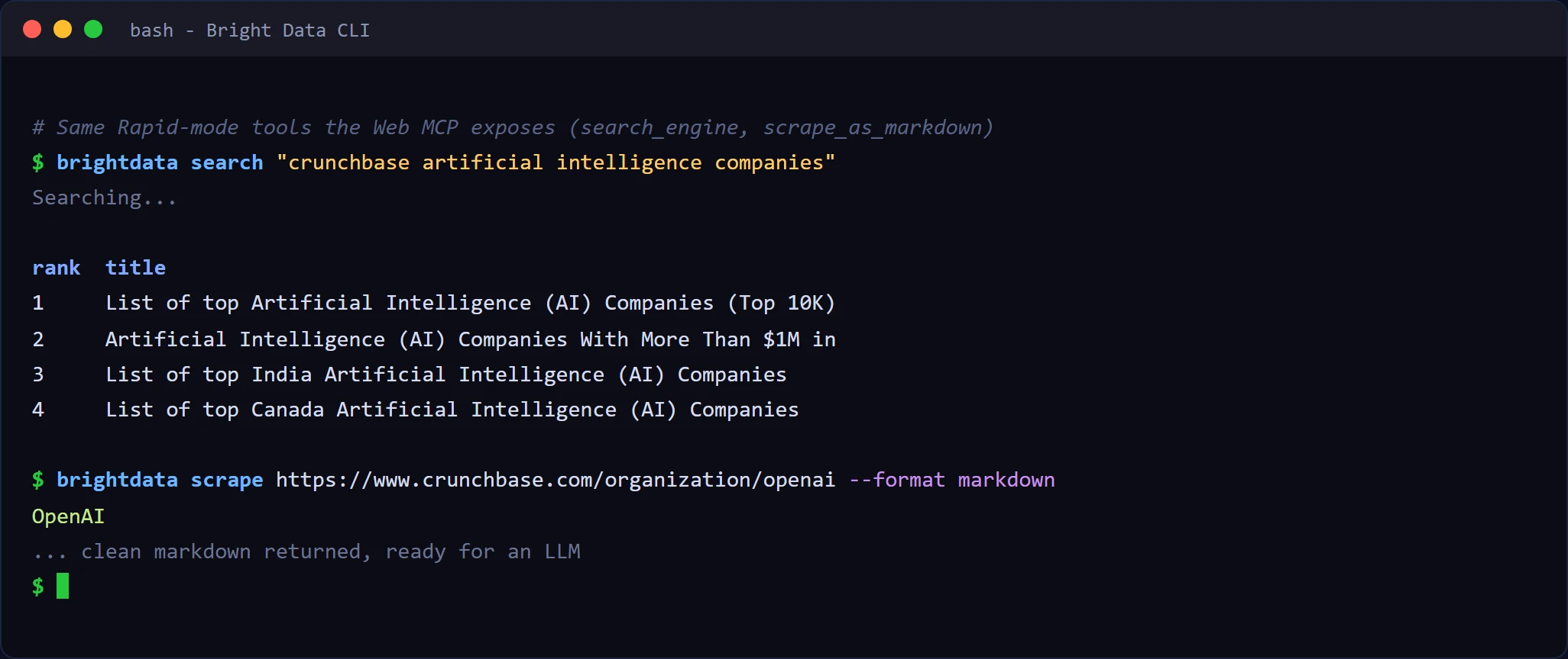 Using the Web MCP tools from the Bright Data CLI