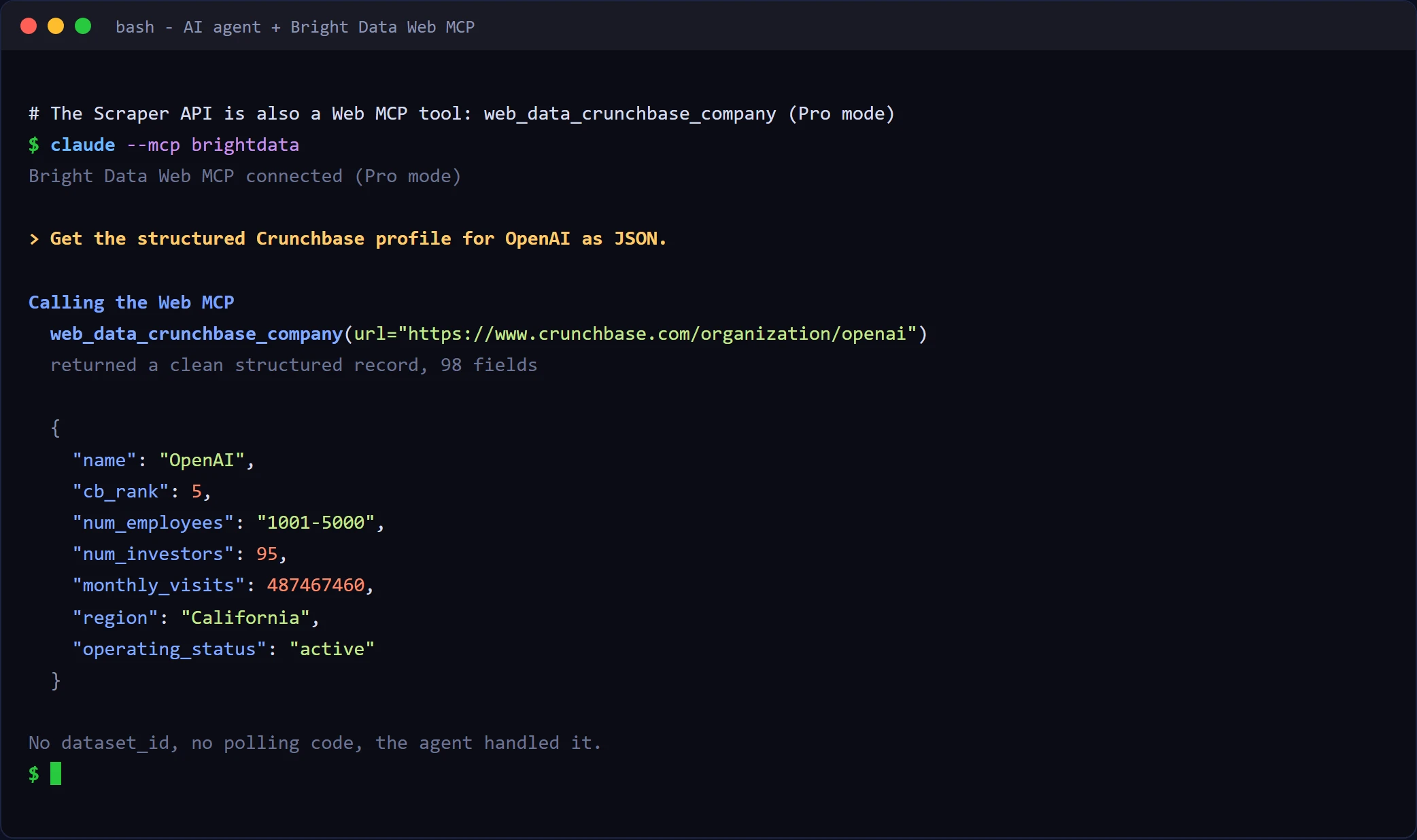 Pulling the structured Crunchbase record with one Web MCP tool call from the terminal