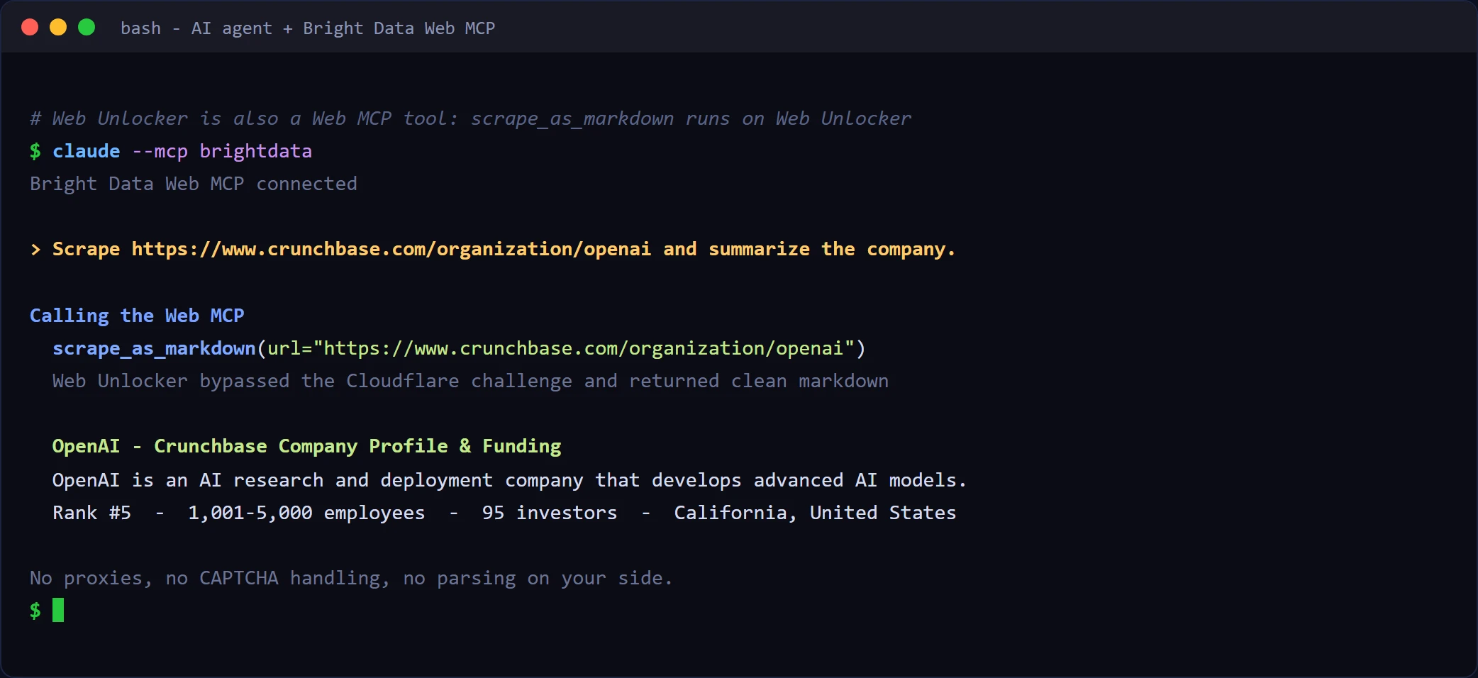 Natural-language scraping in the terminal: the Web MCP's scrape_as_markdown runs on Web Unlocker