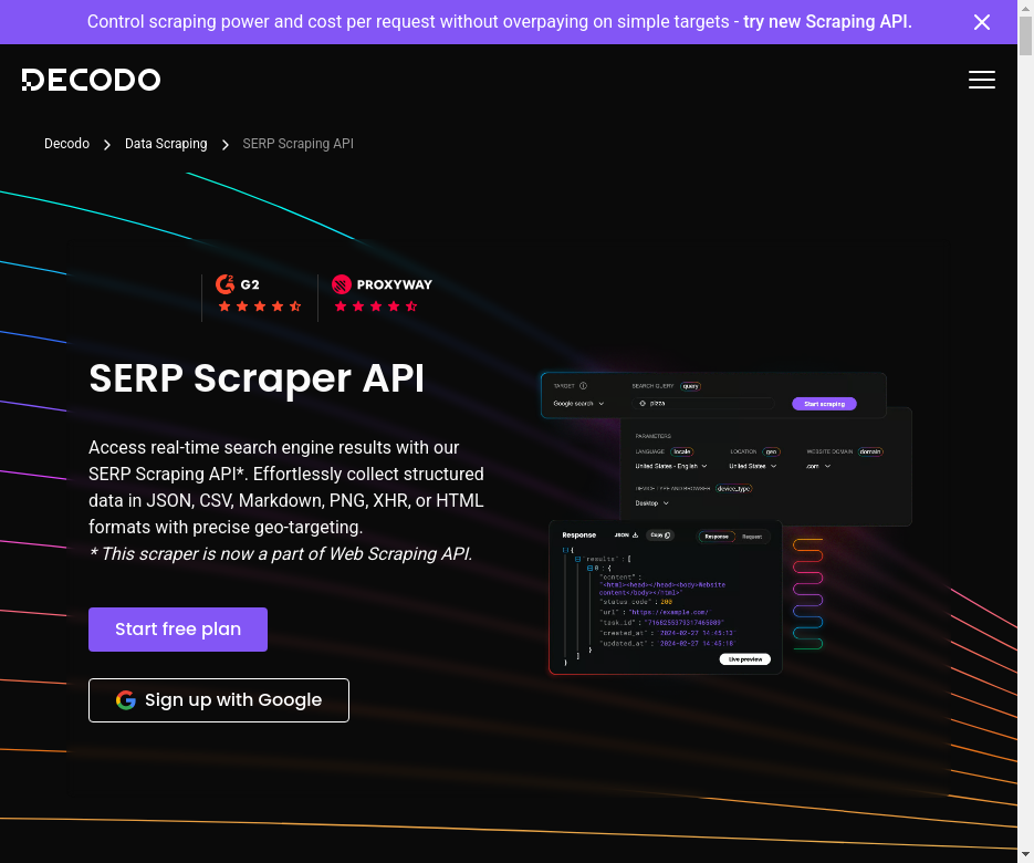 Decodo SERP Scraper API page