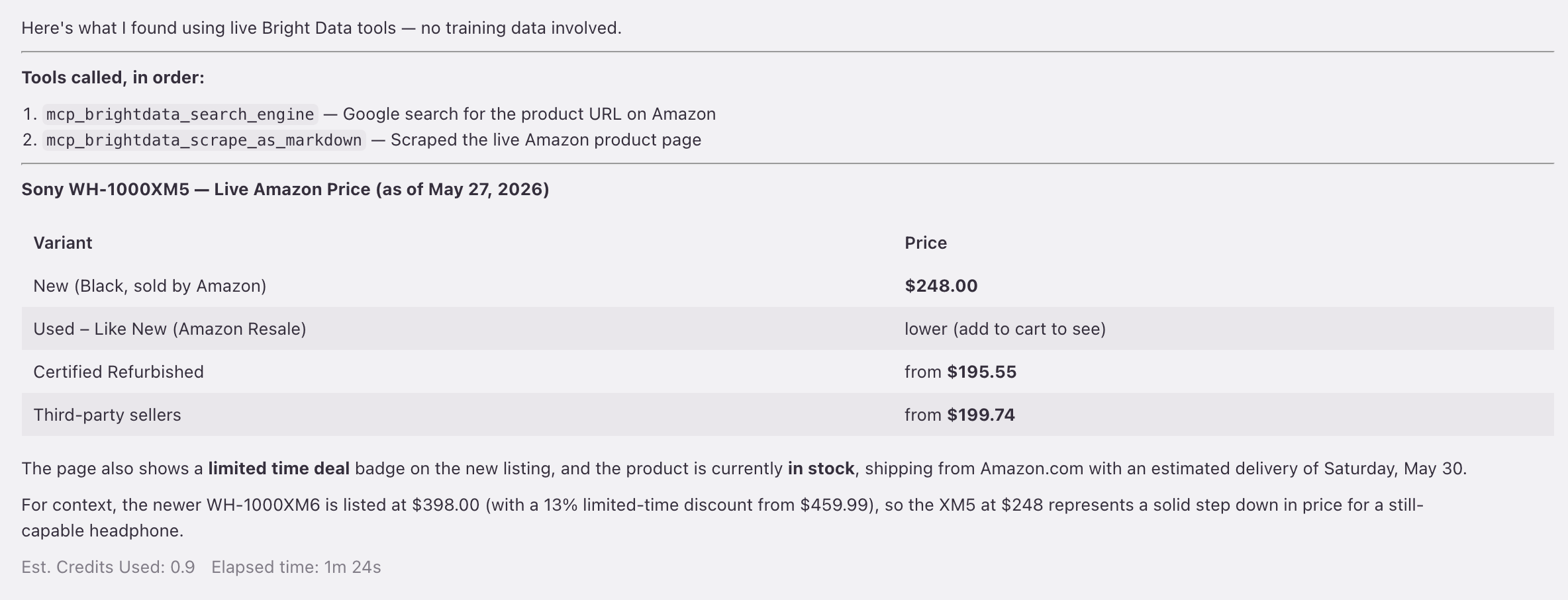 Kiro agent: search_engine then scrape_as_markdown return a live Sony WH-1000XM5 Amazon price of $248.00 with stock state. 0.9 credits.