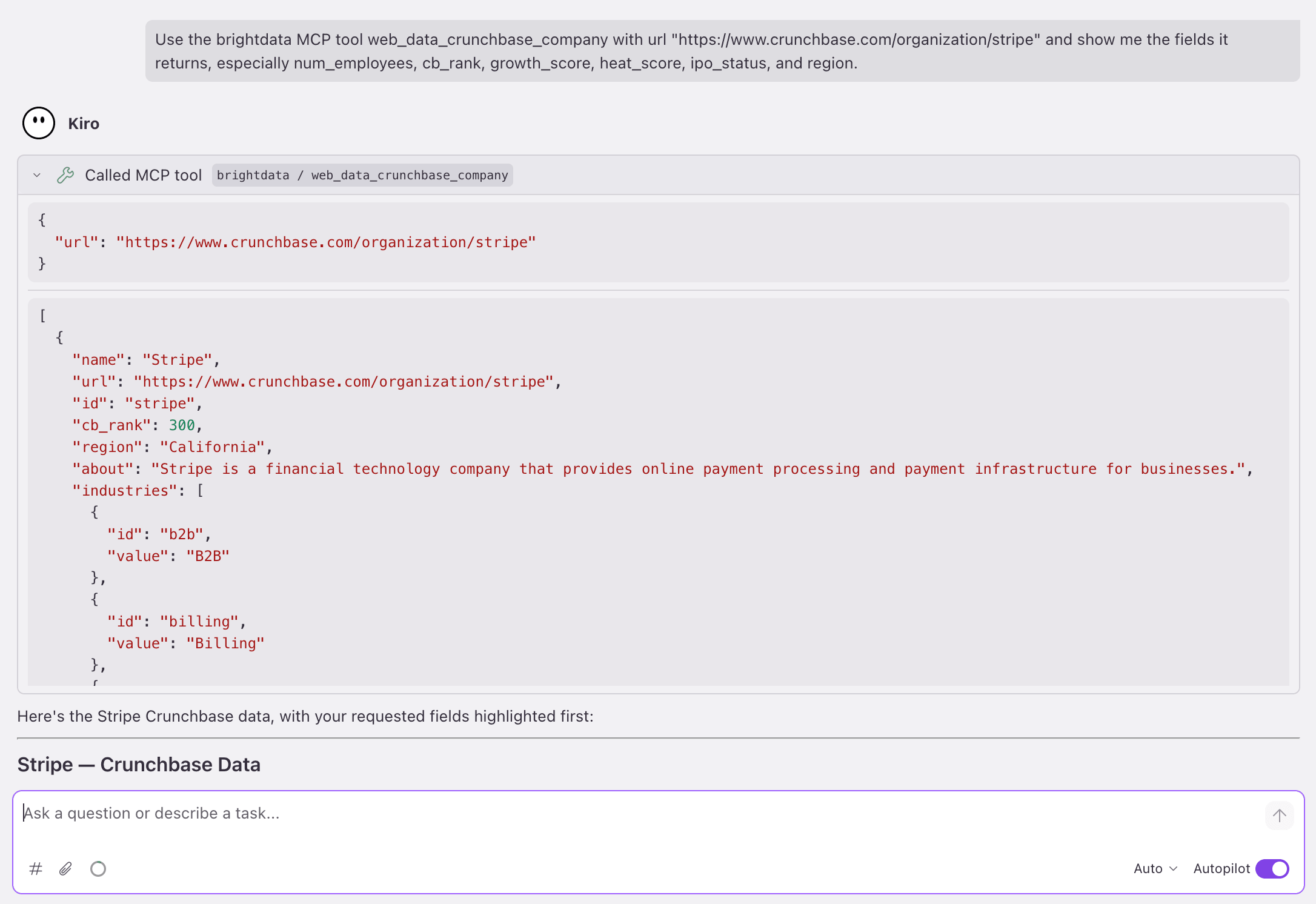 Kiro running web_data_crunchbase_company for Stripe: one `url` in, a structured record out showing `name: Stripe`, `cb_rank: 300`, `region: California`.
