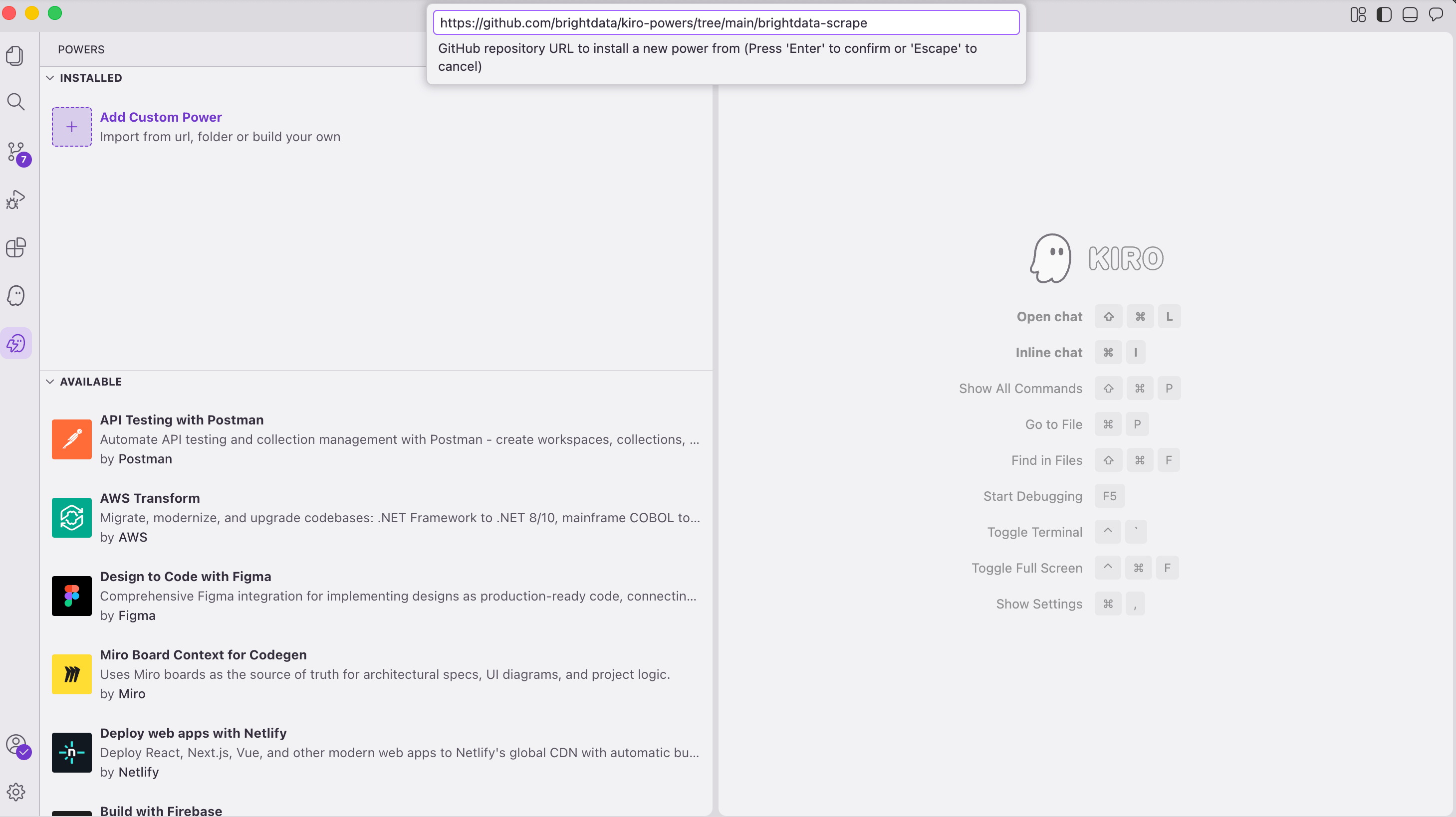 Kiro Add Custom Power modal: brightdata-scrape GitHub URL pasted in the input field, with 'Press Enter to confirm' hint visible.