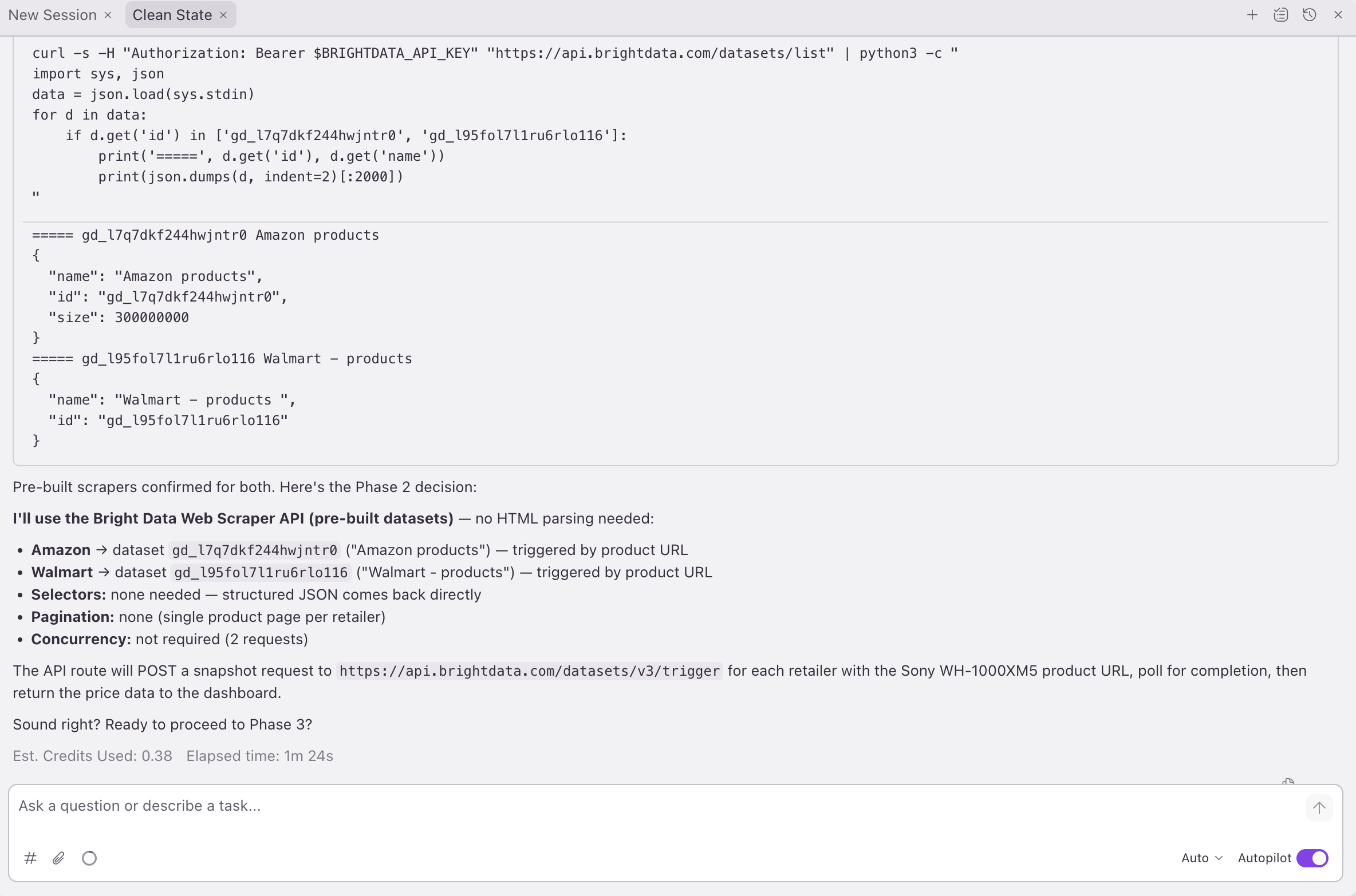 Kiro Phase 2: pre-built dataset chosen for Amazon and Walmart, with the 'Ready to proceed to Phase 3?' confirmation gate. 0.38 credits, 1m 24s.