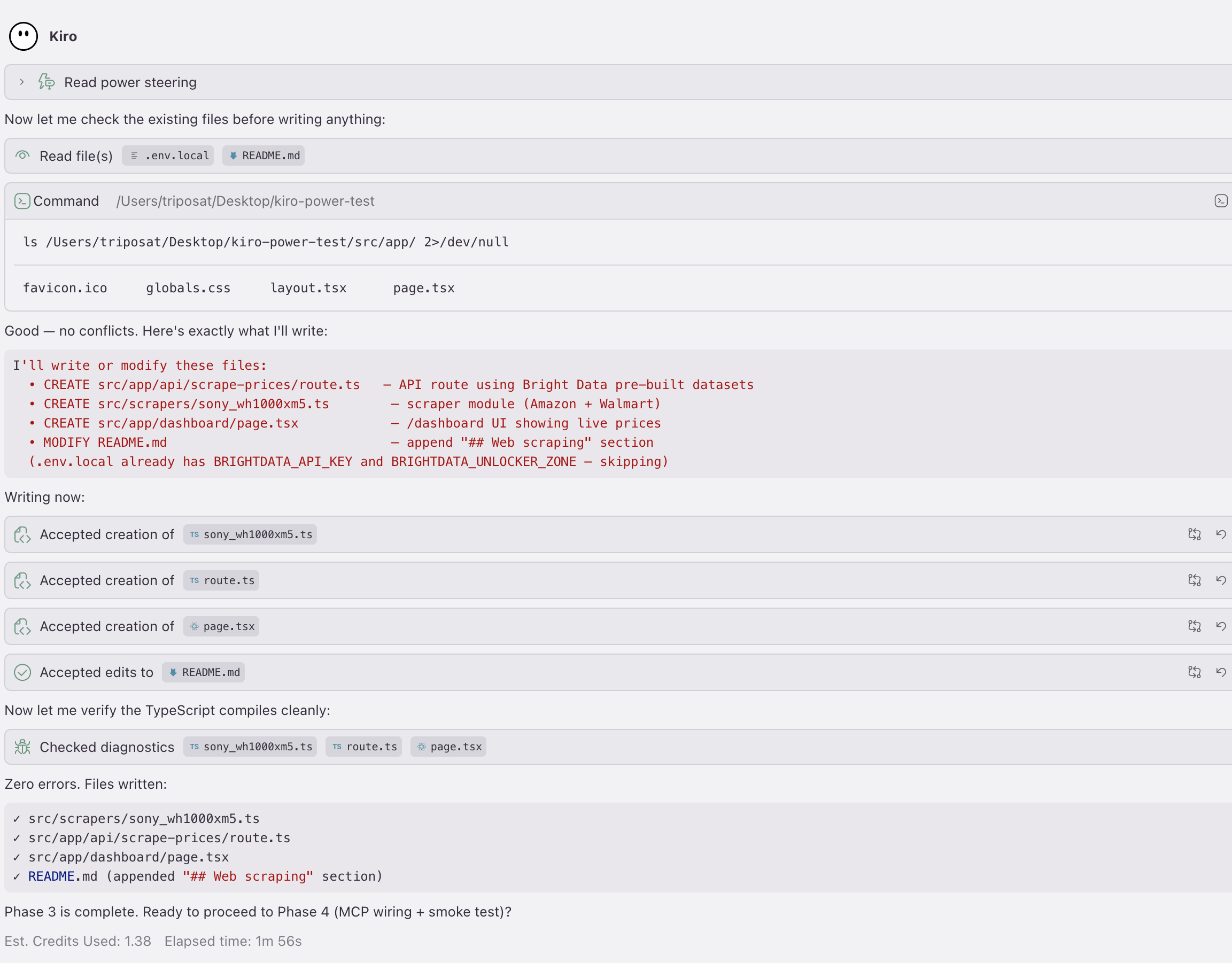 Kiro chat showing Phase 3 of the brightdata-scrape Power complete: four files written, zero TypeScript errors, 1.38 credits used in 1m 56s.