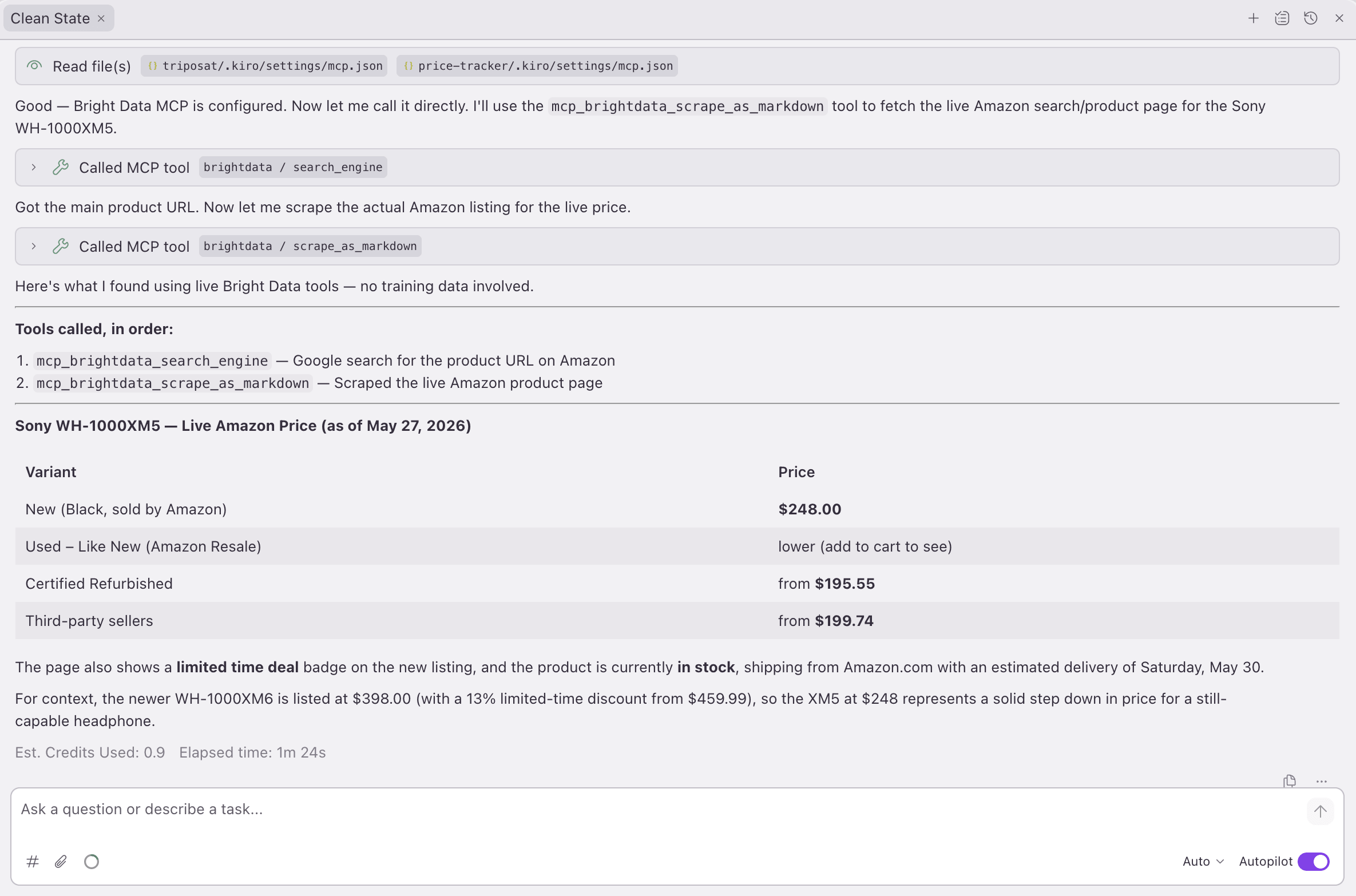 Kiro chat, full run: the agent picks search_engine then scrape_as_markdown itself, returning a live Sony WH-1000XM5 Amazon price. 1m 24s, 0.9 credits.