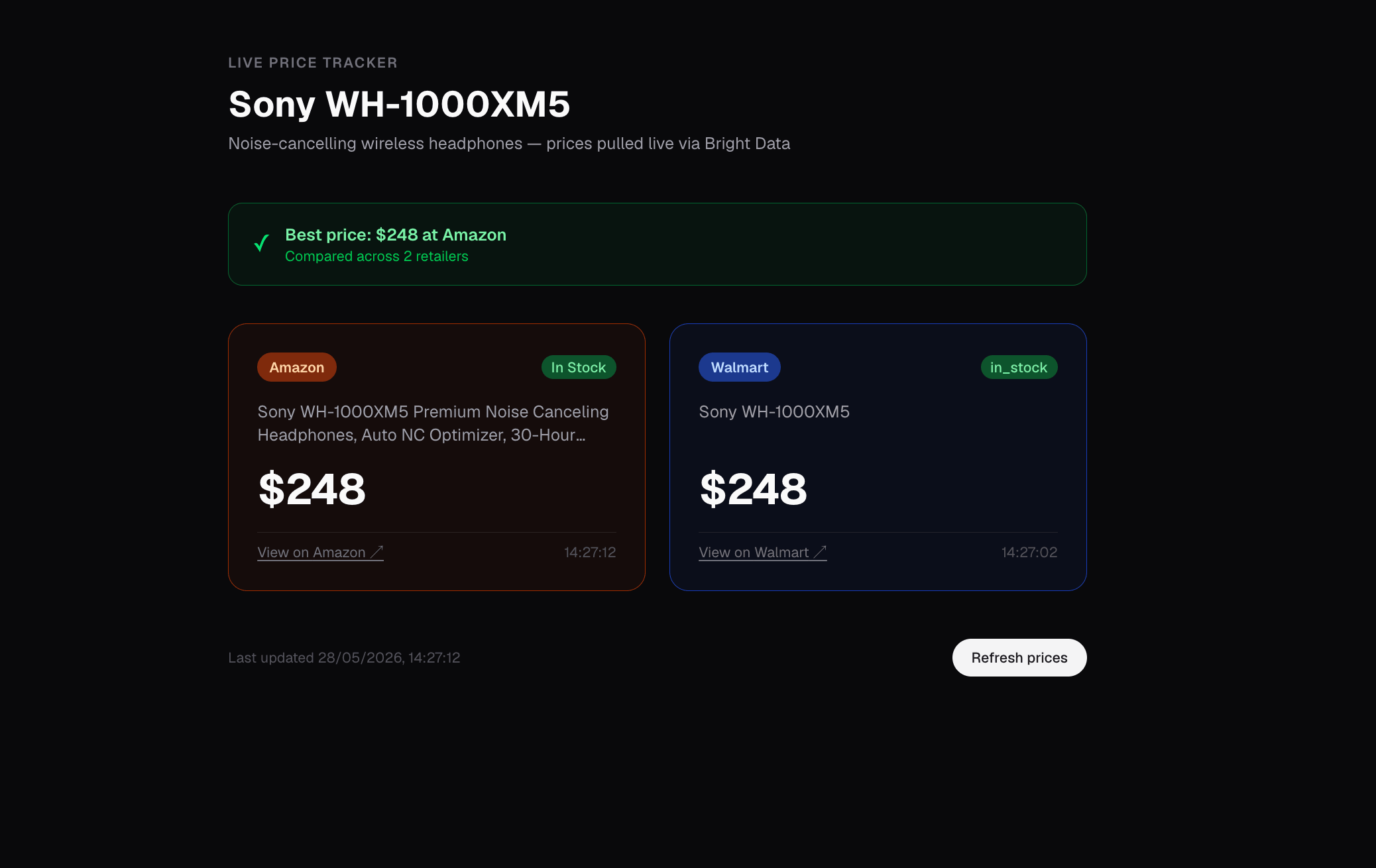 The home route (/) at 14:27 on May 28, 2026: Sony WH-1000XM5 at $248 on both Amazon and Walmart, shown as cards with a green "Best price" banner on Amazon.