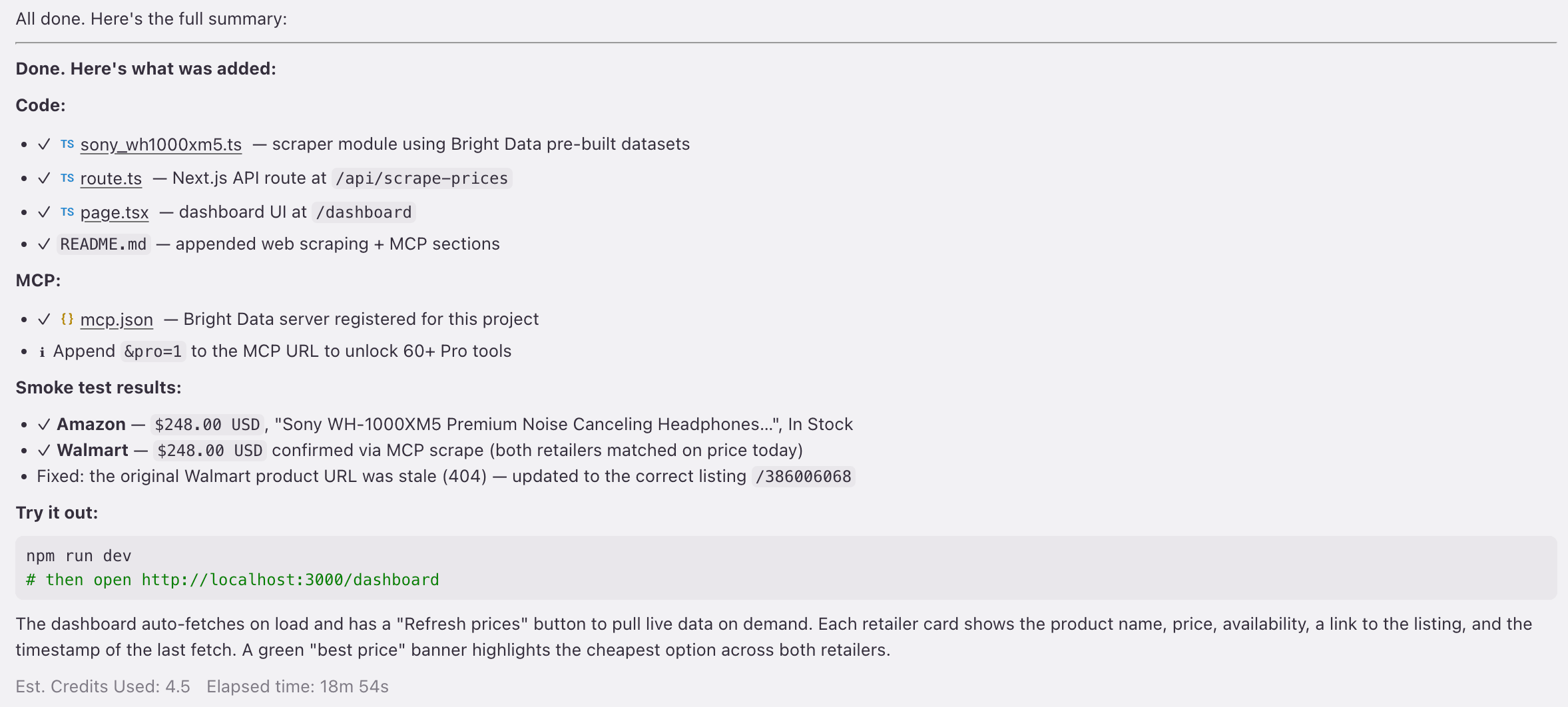 Kiro Phase 4 summary showing self-healing recovery: Amazon $248 confirmed, outdated Walmart URL detected and patched via MCP scrape. 4.5 credits, 18m 54s.