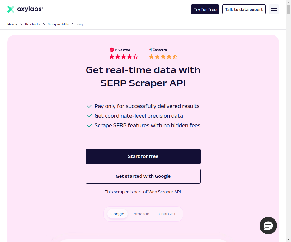 Oxylabs SERP Scraper API page