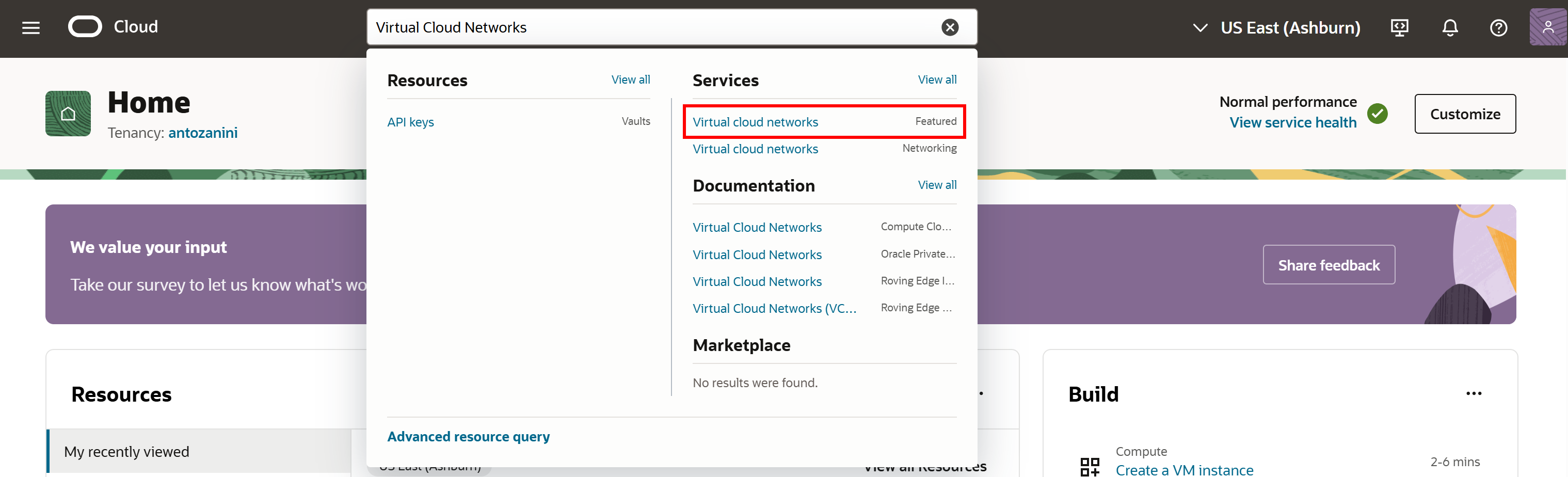 Selecting the “Virtual cloud networks” service