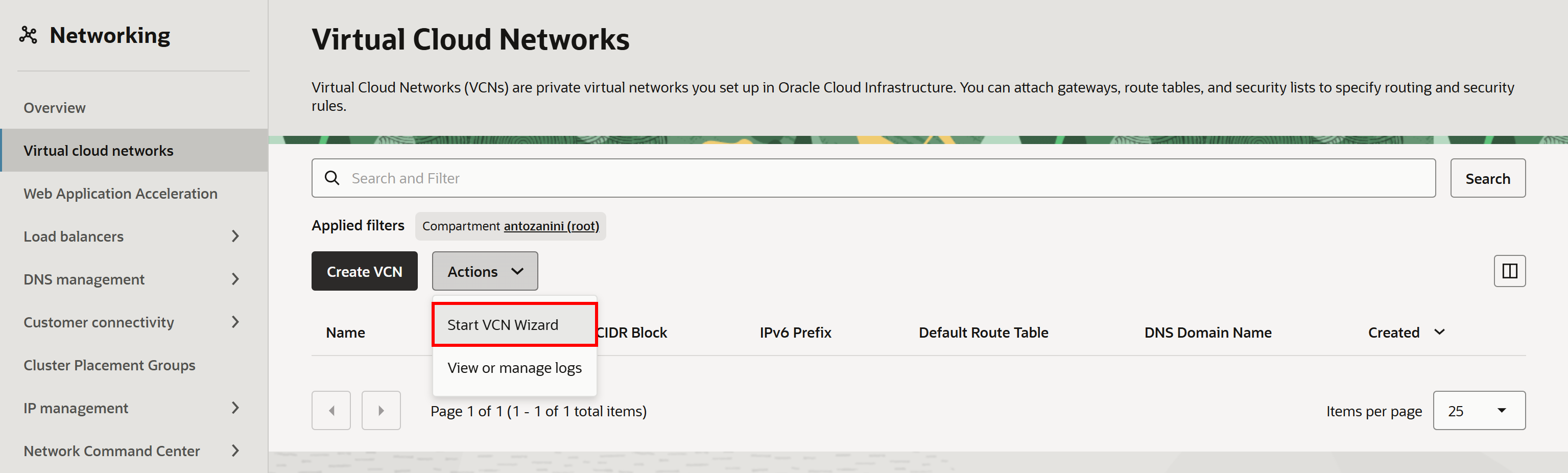 Selecting the “Start VCN Wizard” option