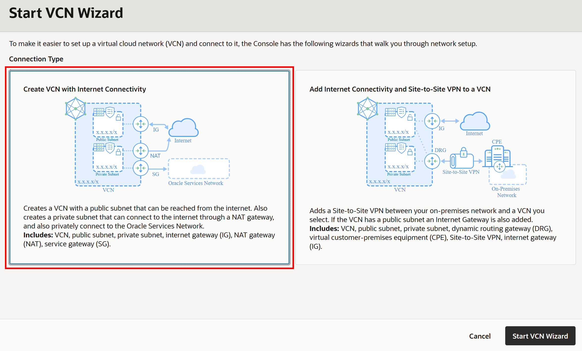 Selecting the “Create VCN with Internet Connectivity” option