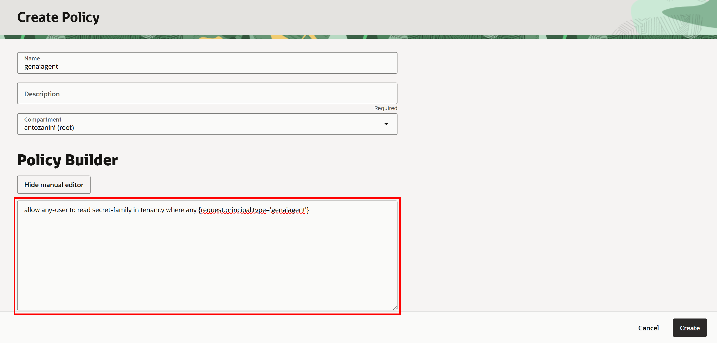 Pressing the “Create” button