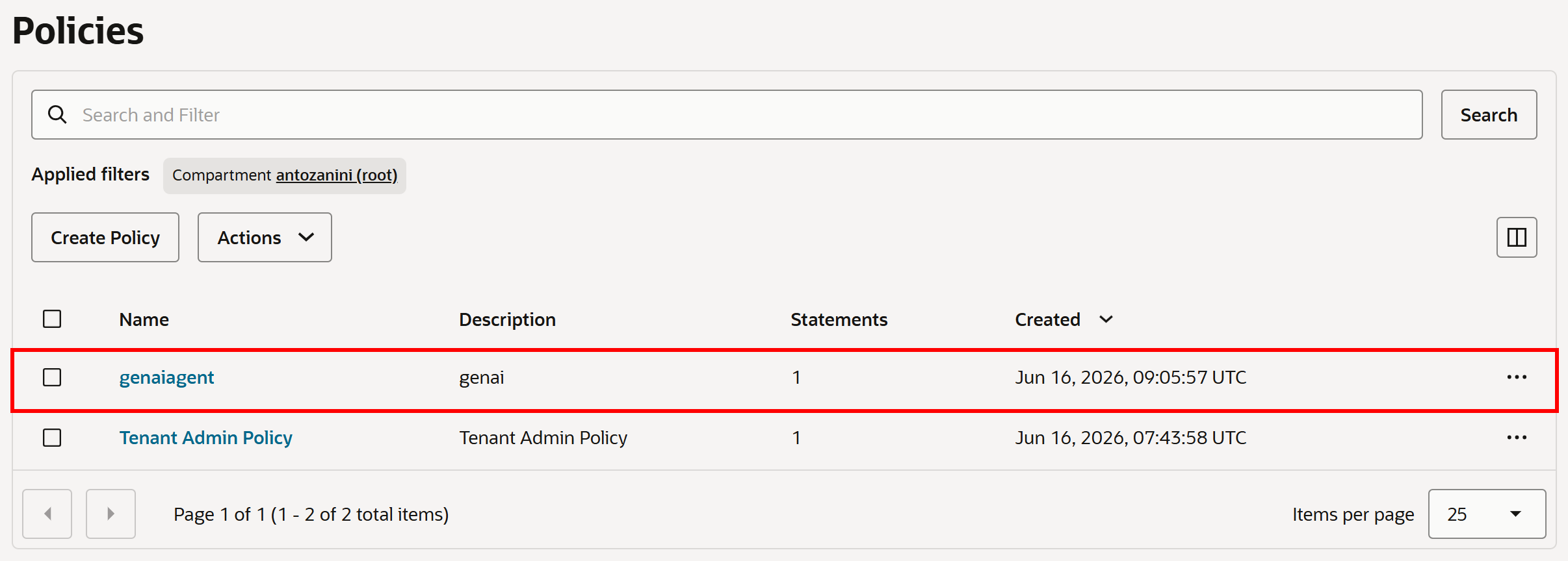 Note the newly added “genaiagent” policy