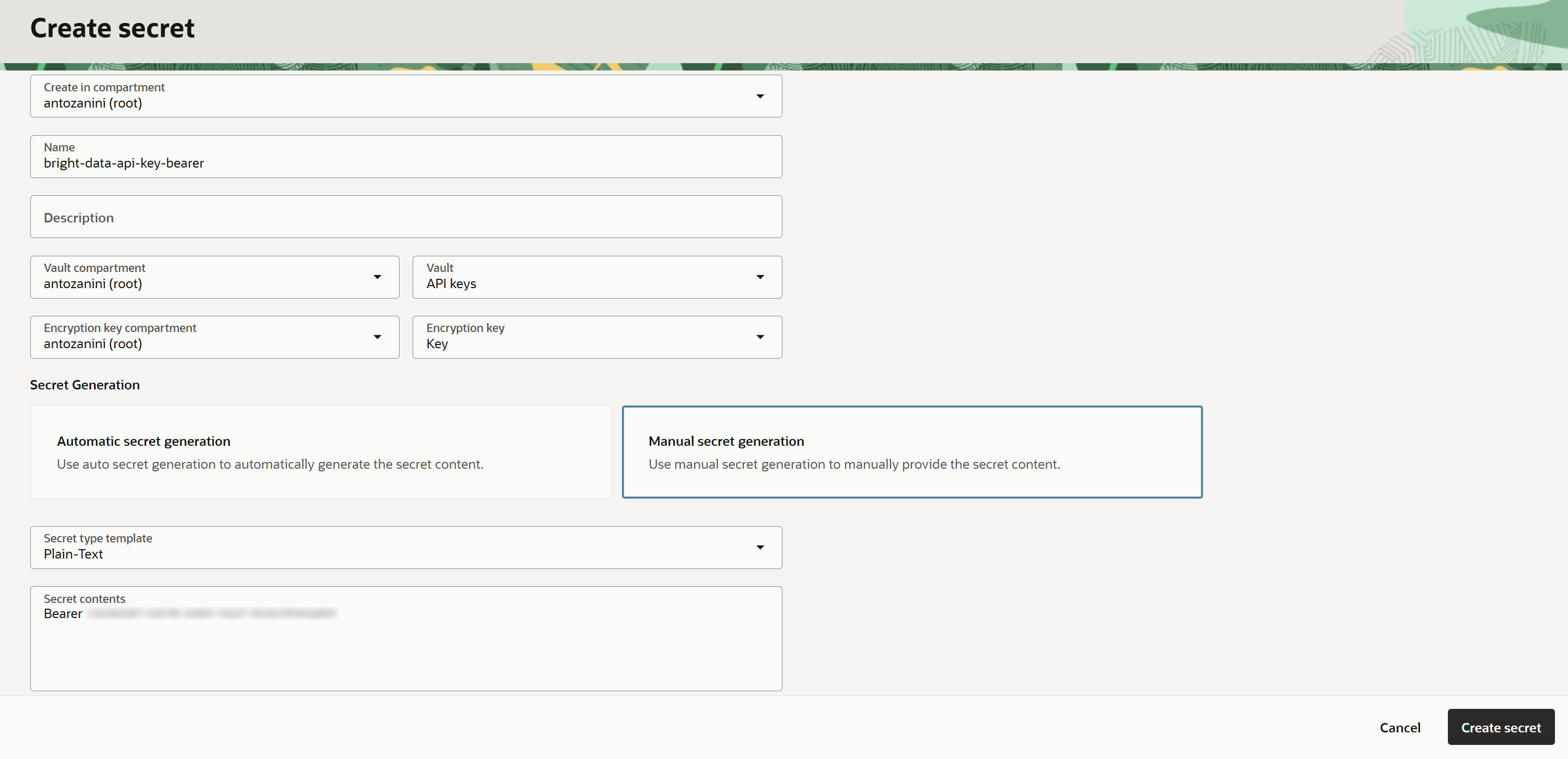 Creating the secret for Bright Data API authentication